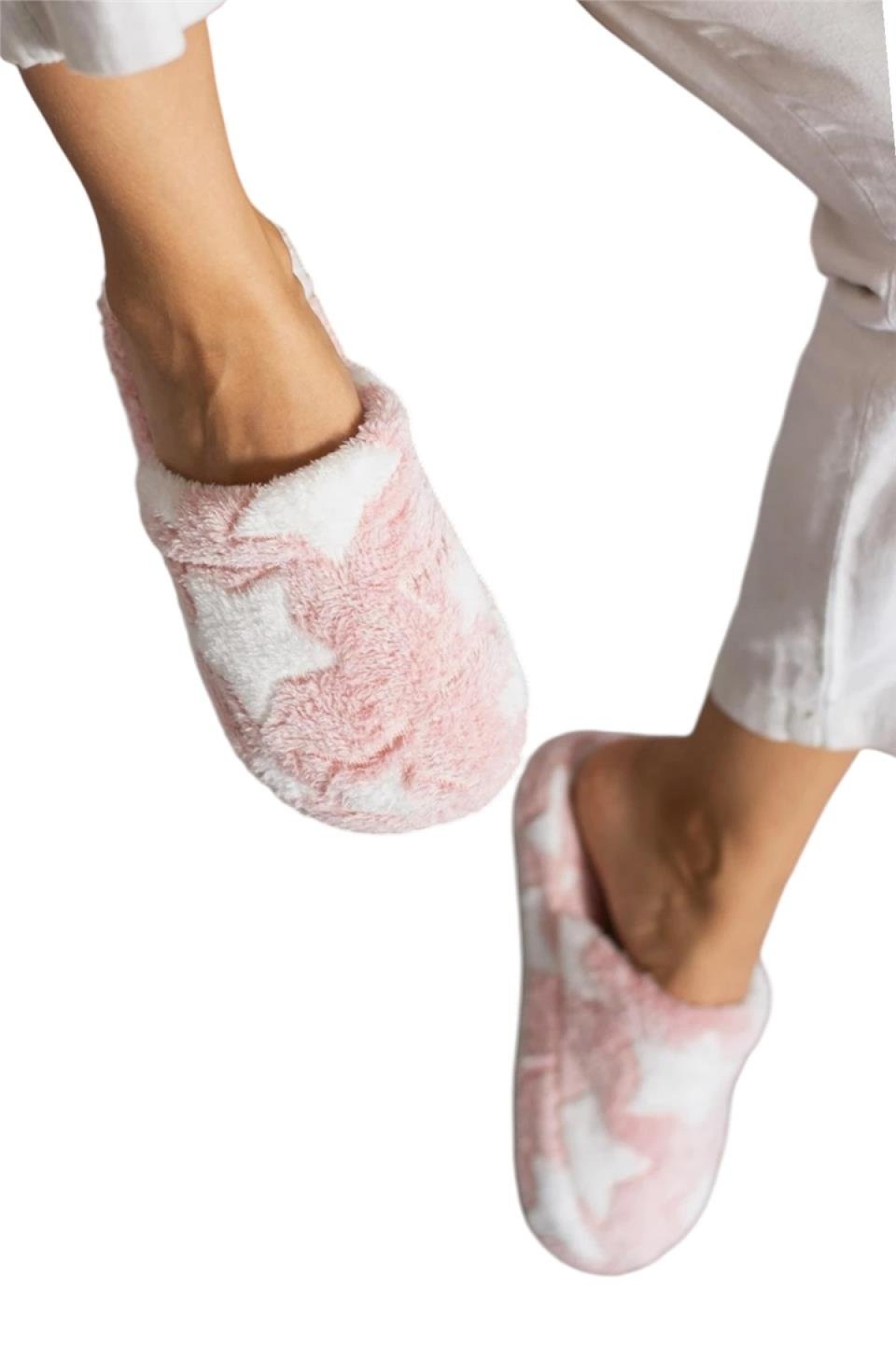 Önü Kapalı Yıldız Baskılı Peluş Kadın Ev Terliği PUDRA - Görsel 3