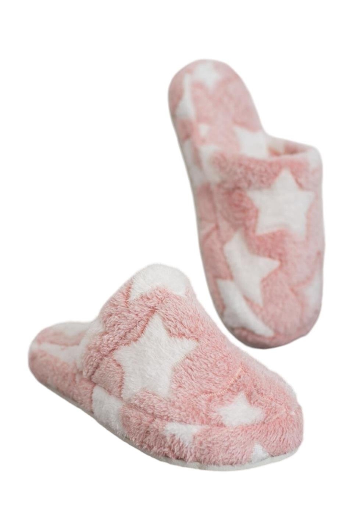 Önü Kapalı Yıldız Baskılı Peluş Kadın Ev Terliği PUDRA - Görsel 5
