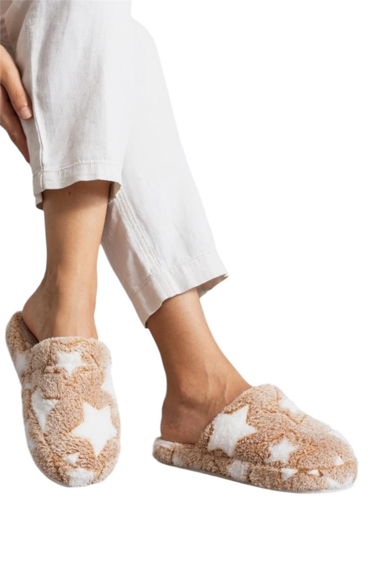 Önü Kapalı Yıldız Baskılı Peluş Kadın Ev Terliği VİZON - Görsel 3