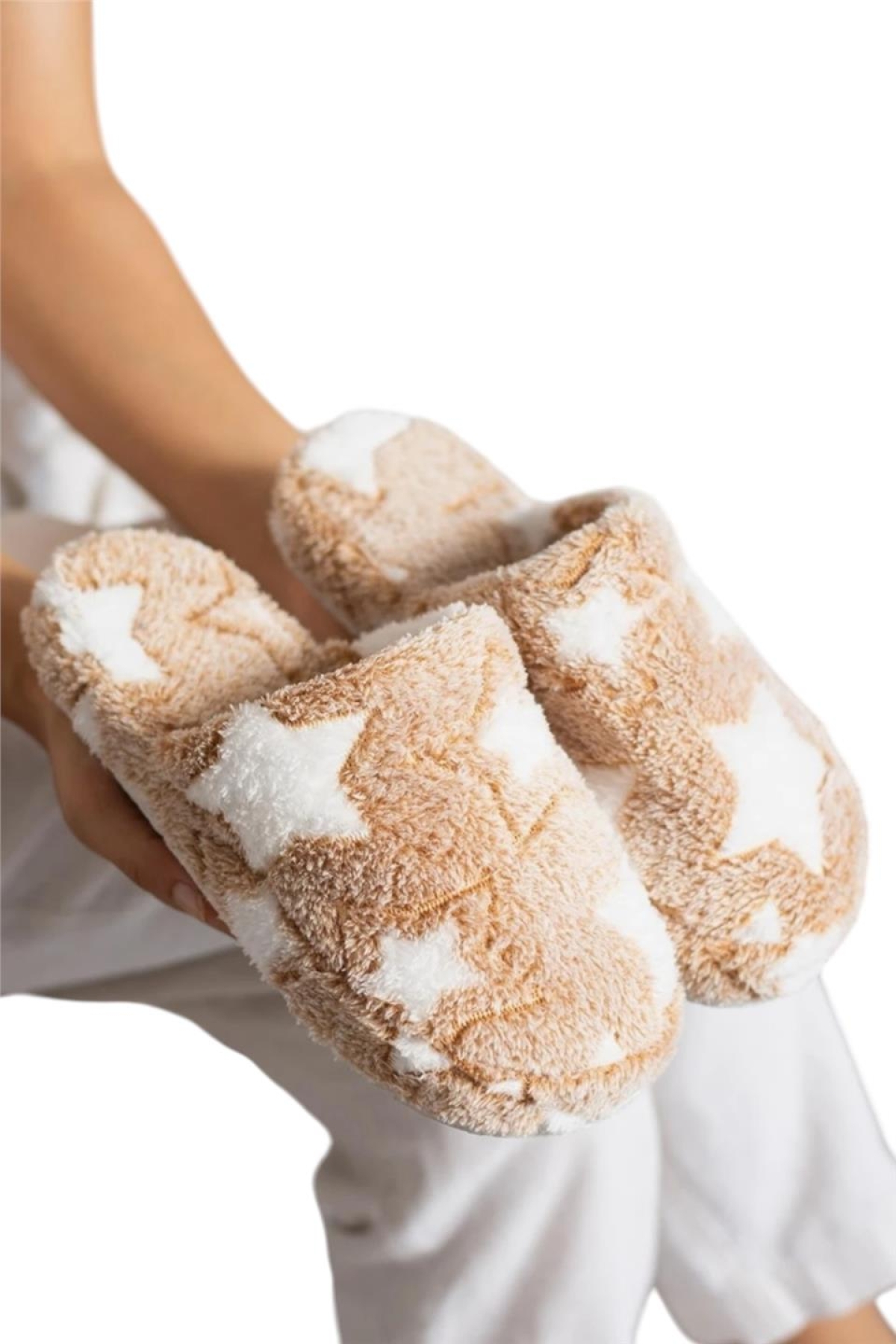 Önü Kapalı Yıldız Baskılı Peluş Kadın Ev Terliği VİZON - Görsel 4