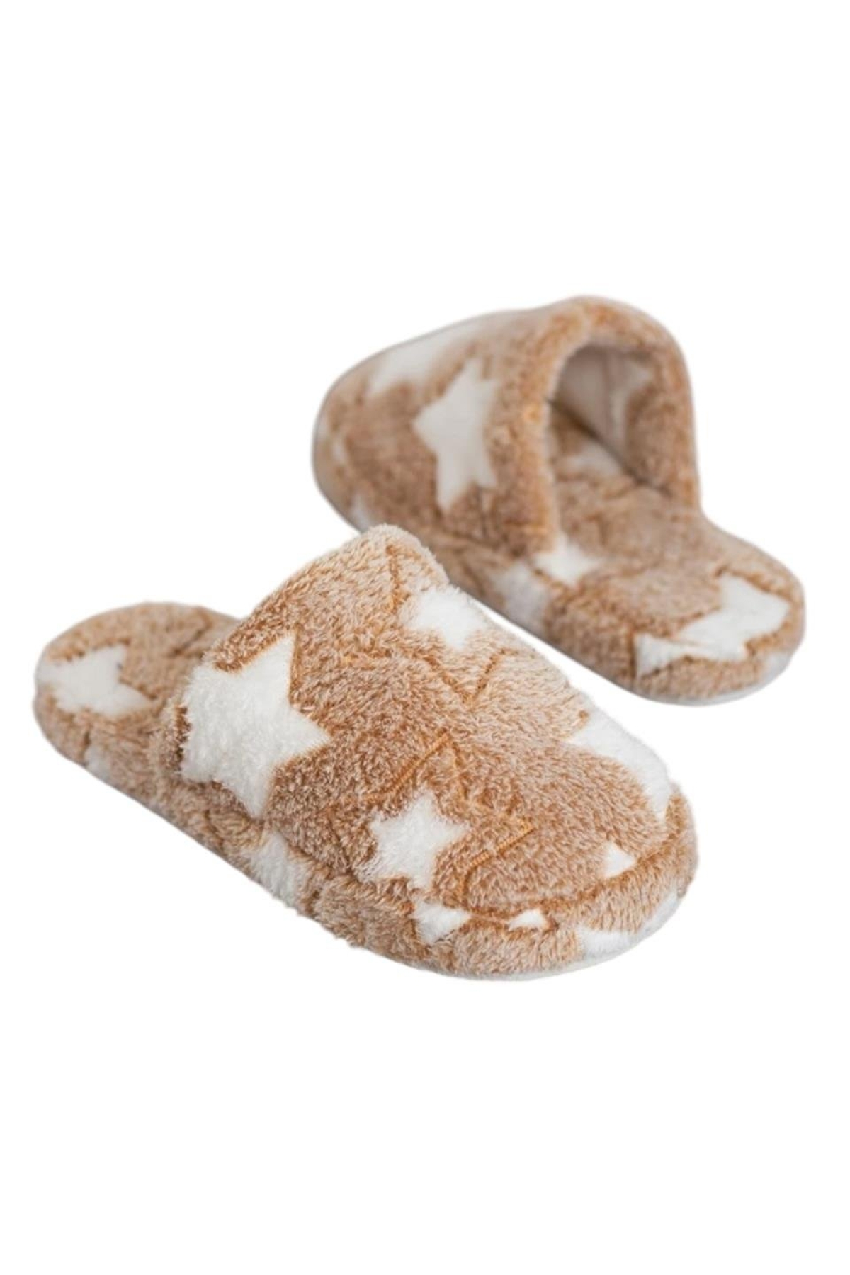 Önü Kapalı Yıldız Baskılı Peluş Kadın Ev Terliği VİZON - Görsel 5