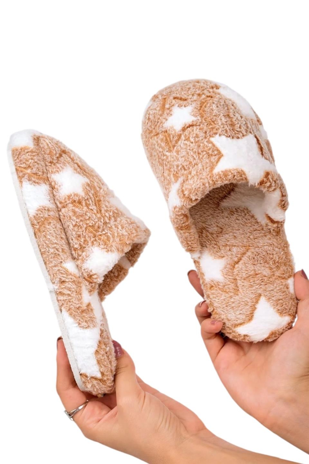 Önü Kapalı Yıldız Baskılı Peluş Kadın Ev Terliği VİZON - Görsel 6