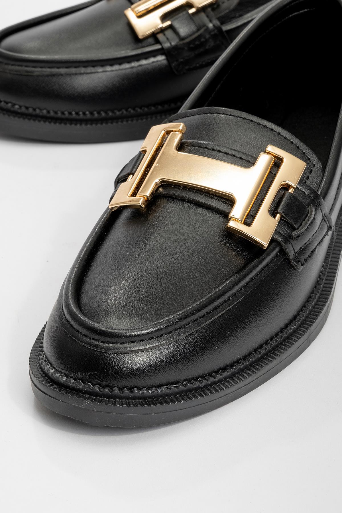 Kadın Tokalı Loafer Ayakkabı SİYAH CİLT - Görsel 4