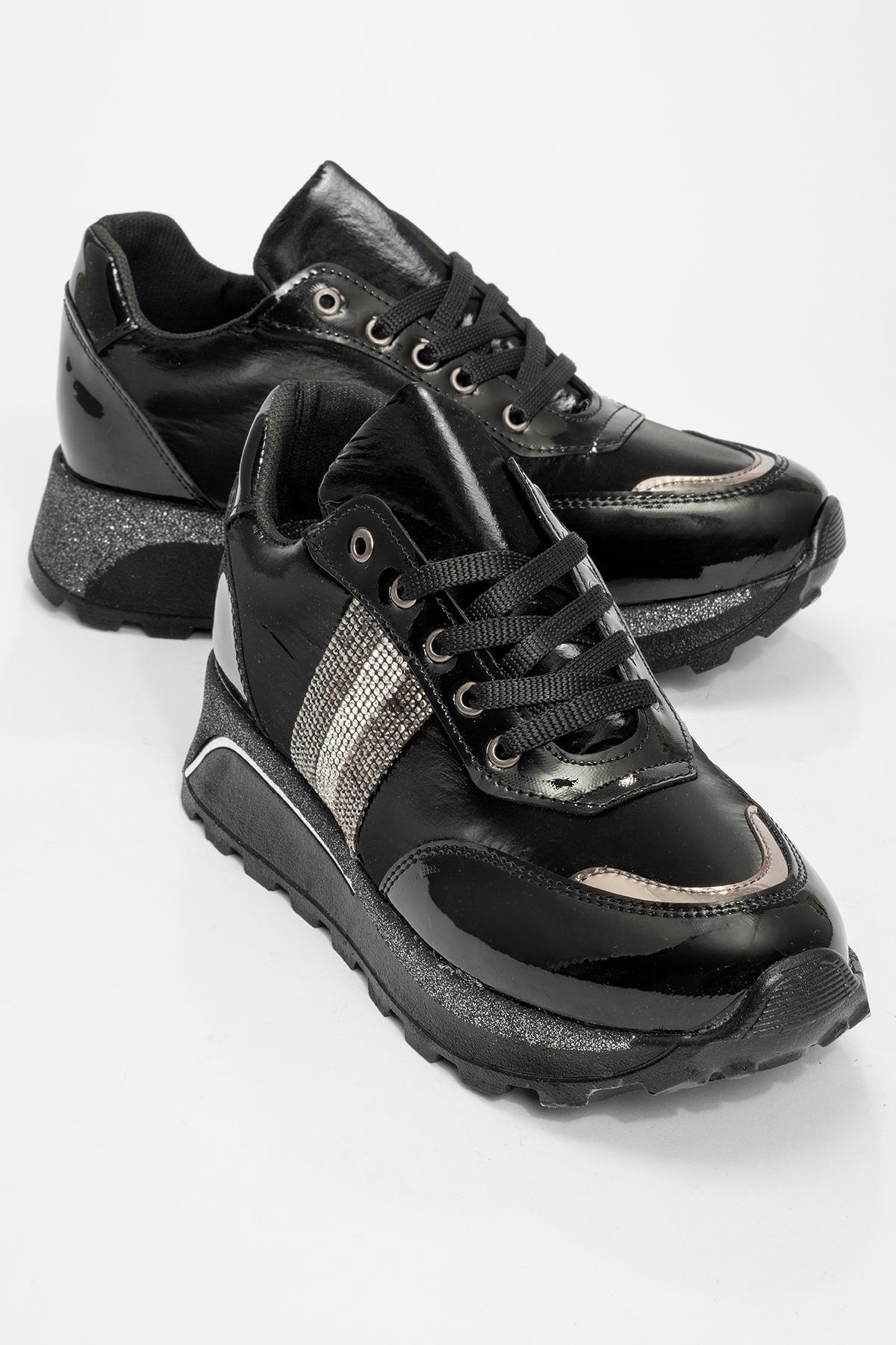 Kadın Bağcıklı Taşlı Spor Ayakkabı SİYAH - Görsel 2