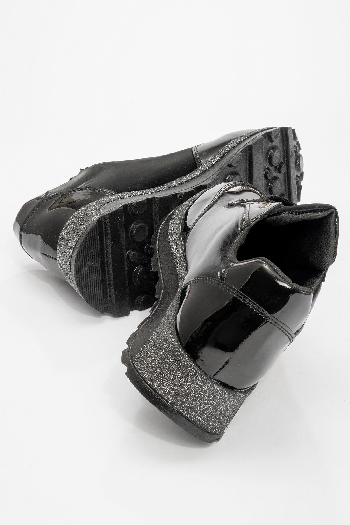 Kadın Bağcıklı Taşlı Spor Ayakkabı SİYAH - Görsel 5