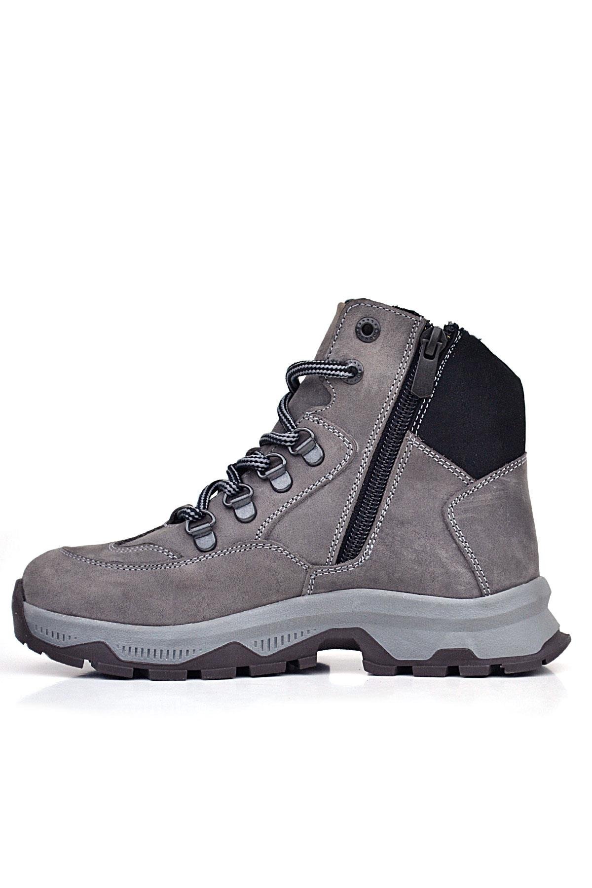 Hakiki Deri Gri Bağcıklı Fermuarlı Trekking Çocuk Bot - Görsel 4