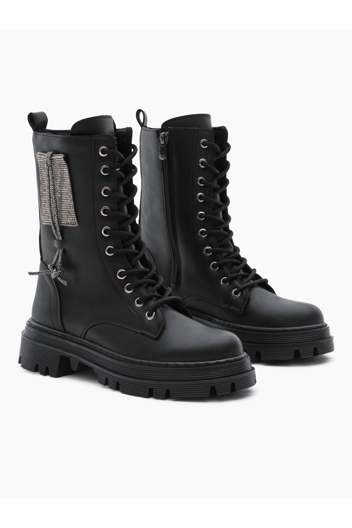 Kadın Siyah Cilt Termo Taban Yanı Taşlı Bağcıklı ve Fermuarlı Bot - Görsel 3