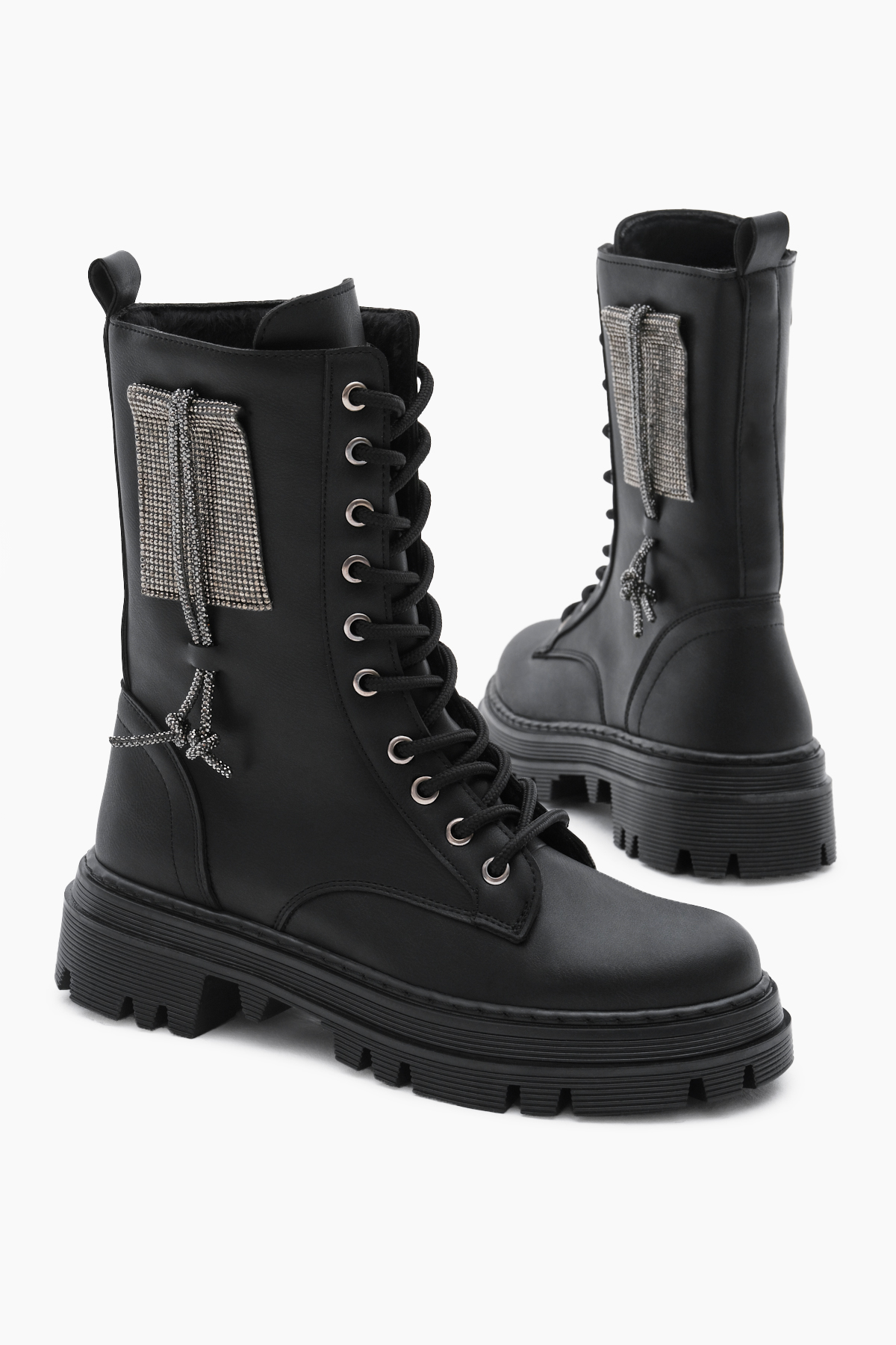 Kadın Siyah Cilt Termo Taban Yanı Taşlı Bağcıklı ve Fermuarlı Bot - Görsel 4