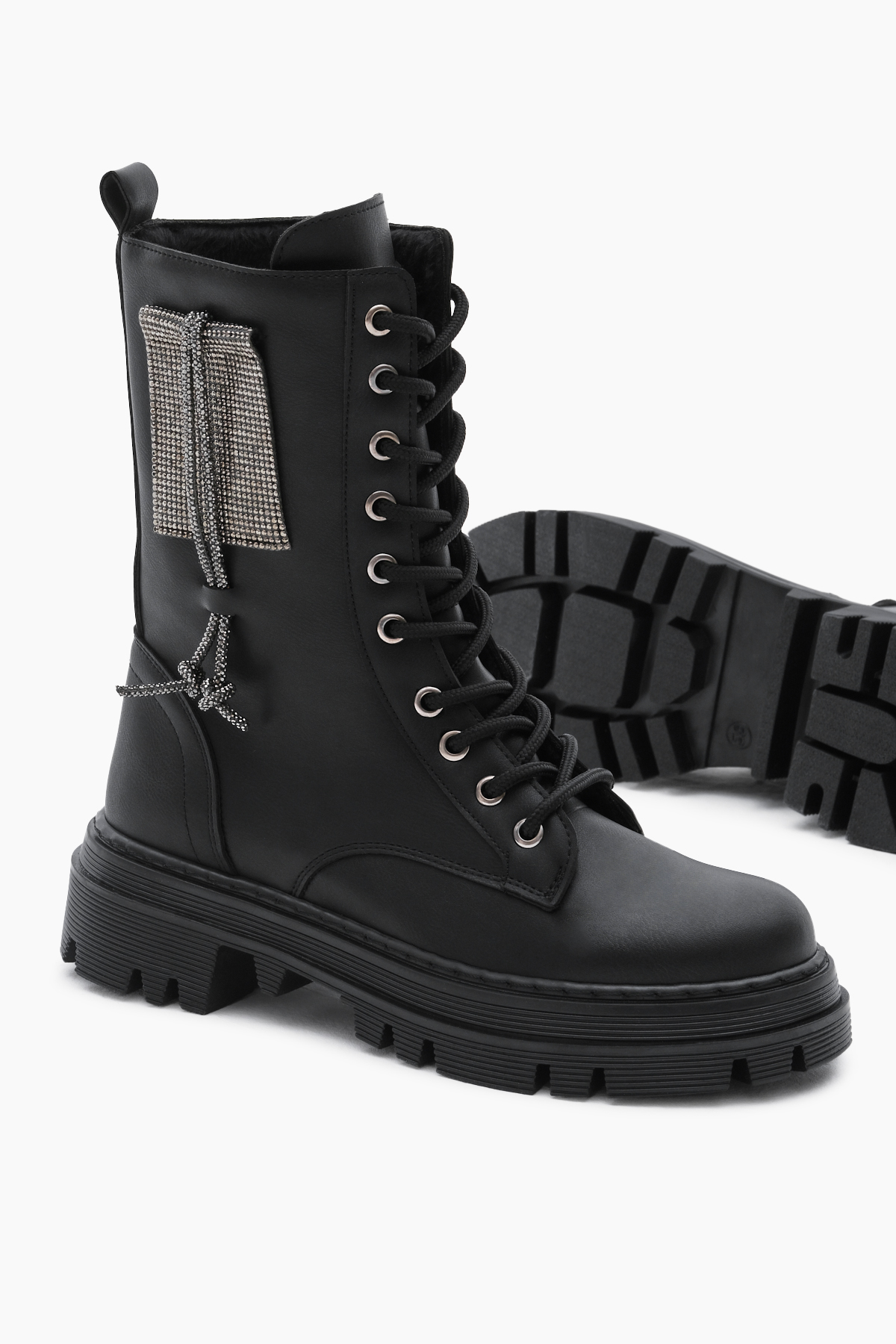 Kadın Siyah Cilt Termo Taban Yanı Taşlı Bağcıklı ve Fermuarlı Bot - Görsel 5