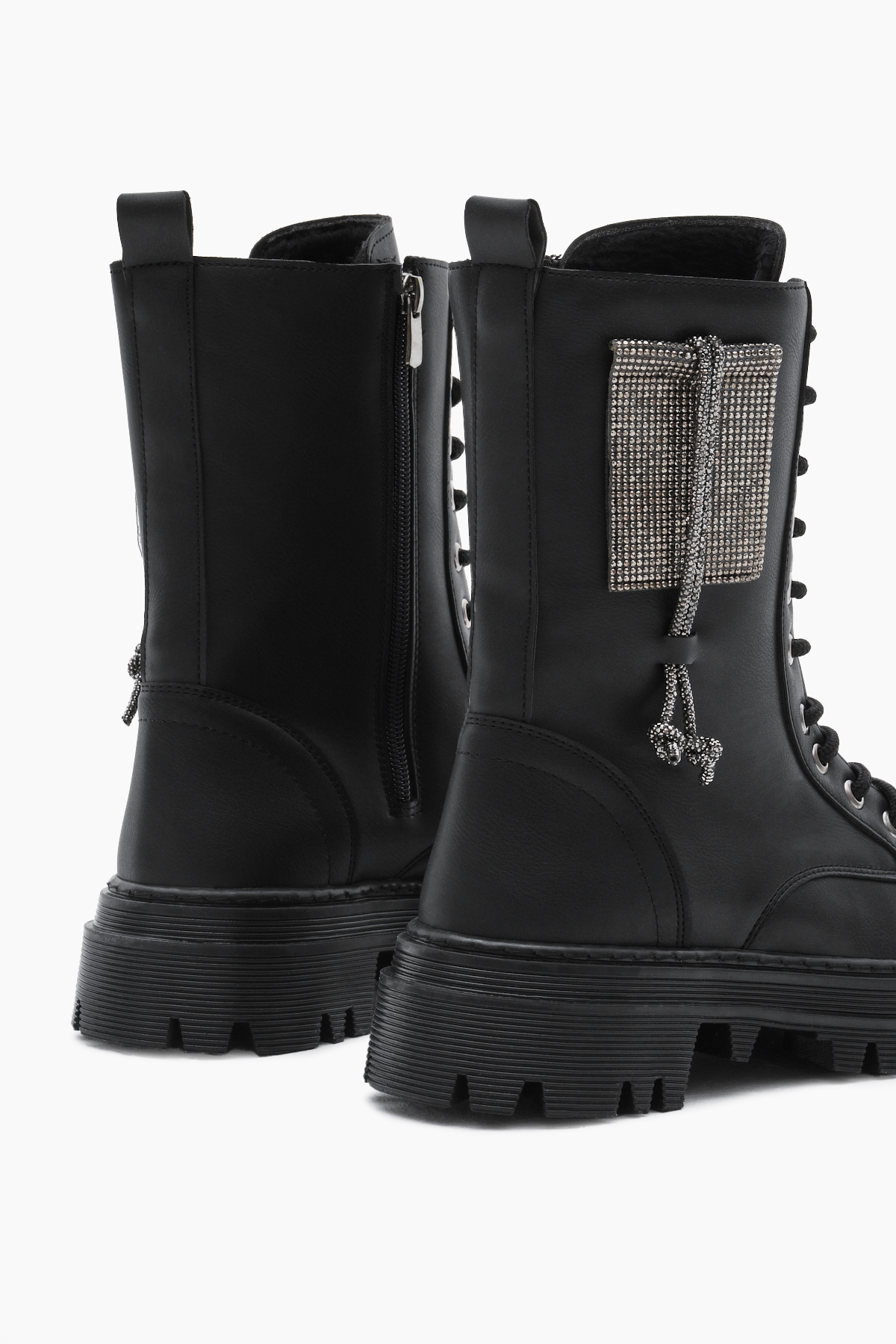 Kadın Siyah Cilt Termo Taban Yanı Taşlı Bağcıklı ve Fermuarlı Bot - Görsel 6