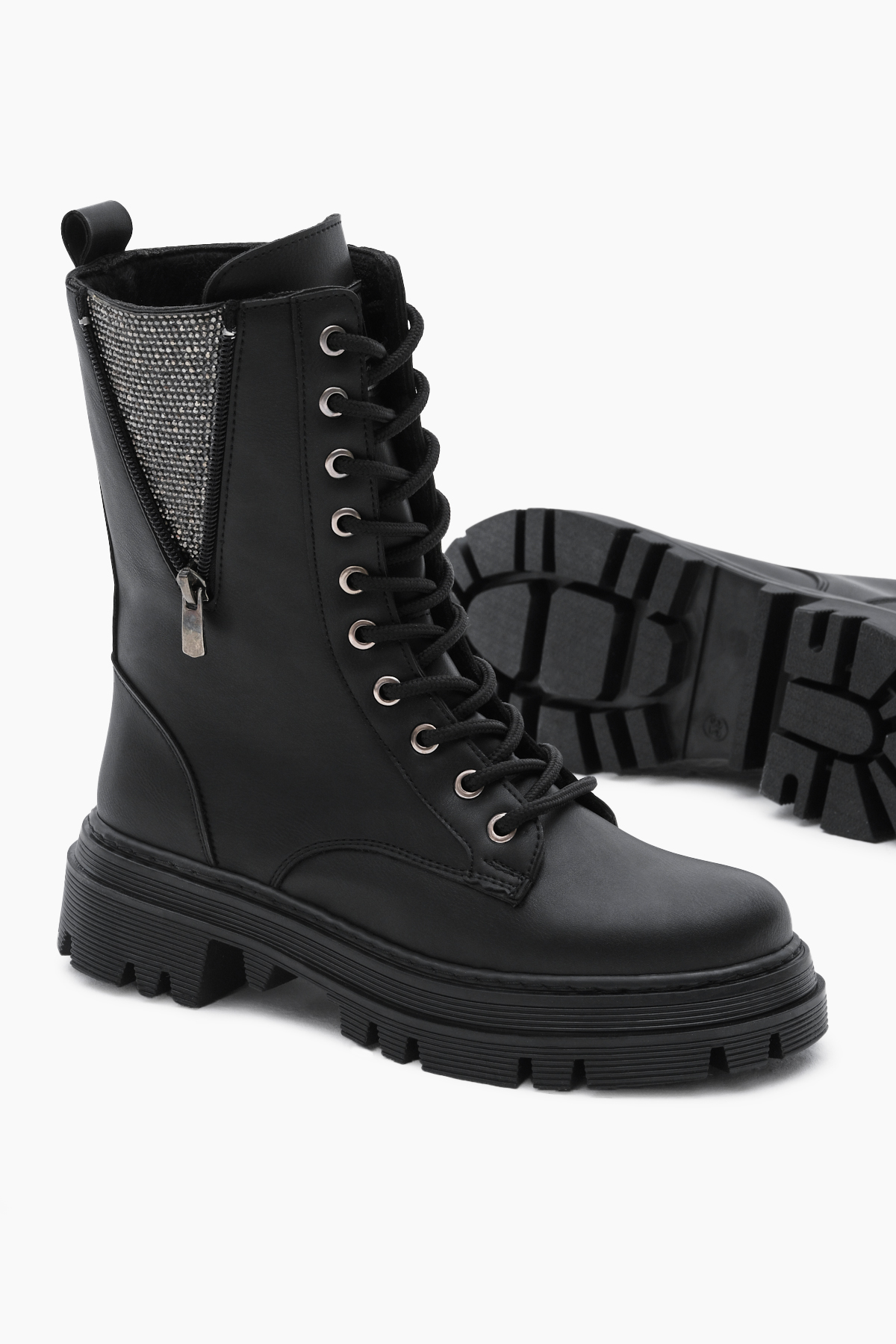 Kadın Siyah Cilt Termo Taban Yanı Taşlı Detaylı Bağcıklı ve Fermuarlı Bot - Görsel 5