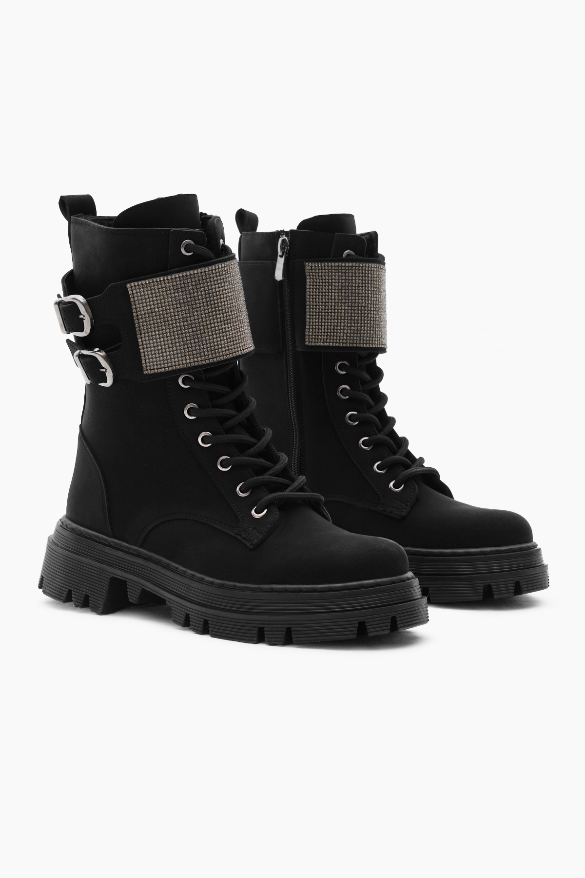 Kadın Siyah Mat Termo Taban Yanı Çift Tokalı Taşlı Bağcıklı ve Fermuarlı Bot - Görsel 4