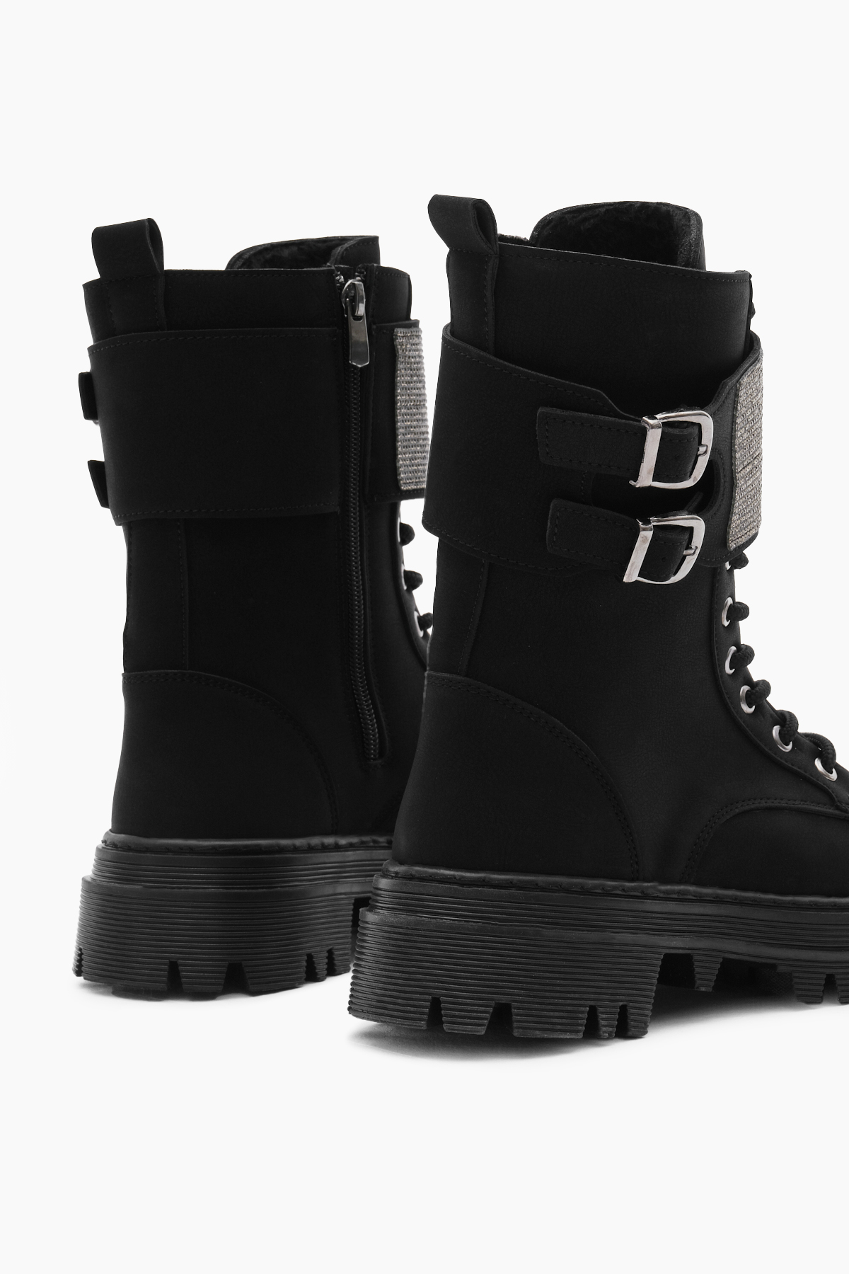 Kadın Siyah Mat Termo Taban Yanı Çift Tokalı Taşlı Bağcıklı ve Fermuarlı Bot - Görsel 6