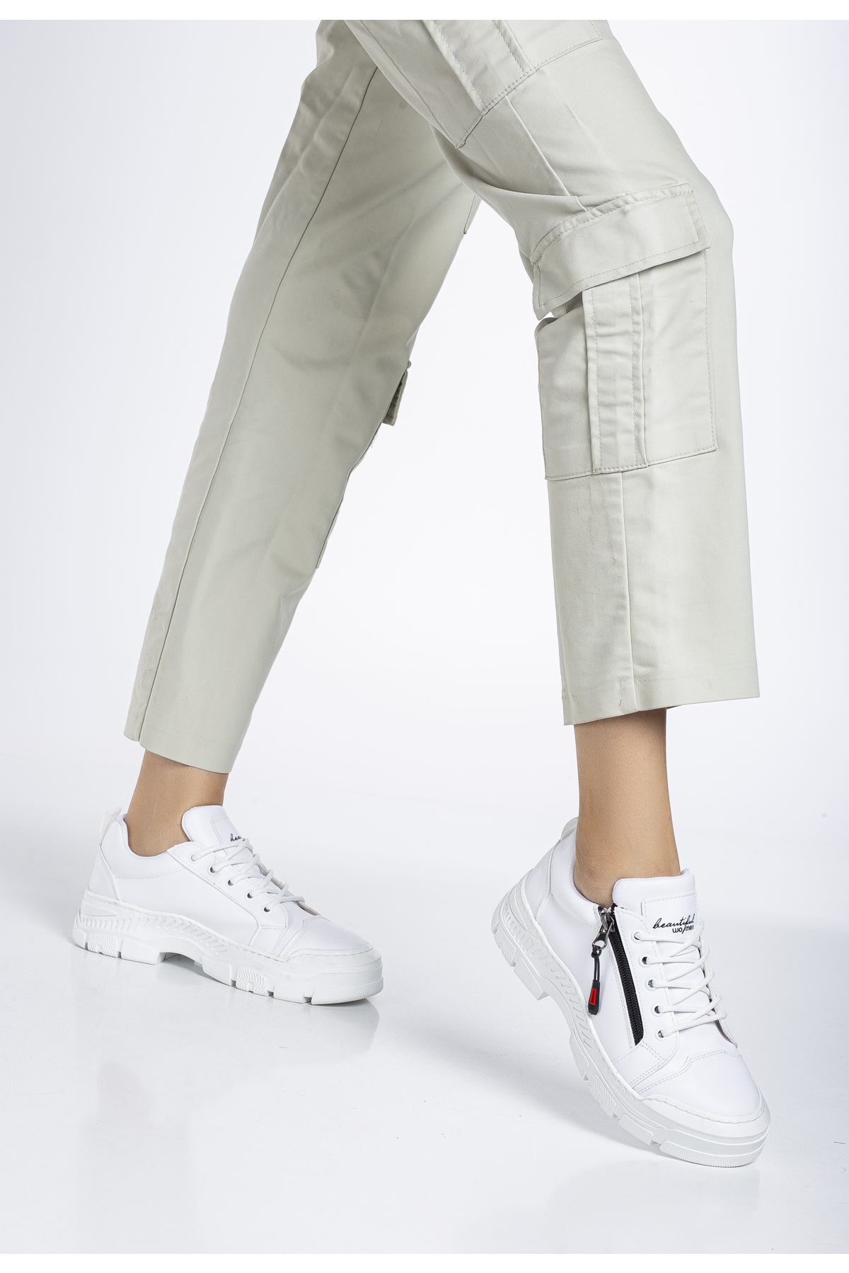 Kadın Beyaz Termo Taban Fermuar Detaylı Bağcıklı Günlük Ayakkabı - Görsel 3