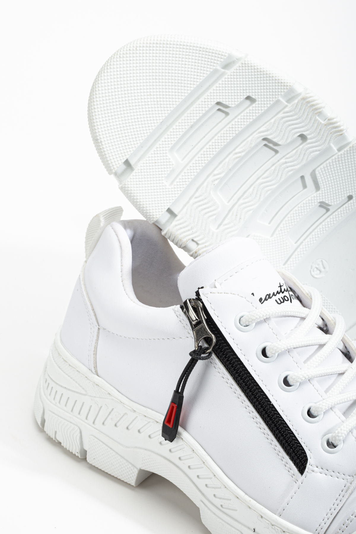 Kadın Beyaz Termo Taban Fermuar Detaylı Bağcıklı Günlük Ayakkabı - Görsel 5