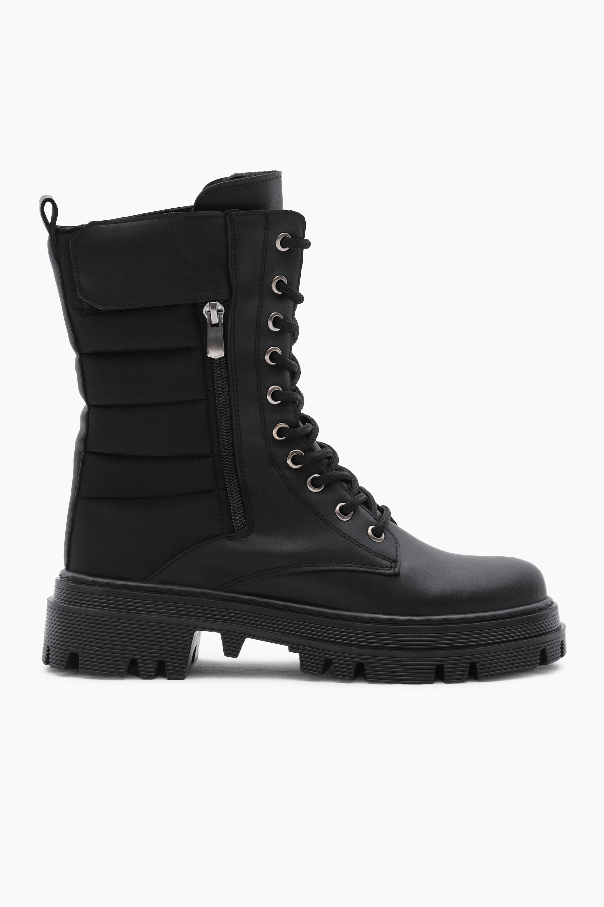 Kadın Siyah Cilt Termo Taban Nakışlı Dilim Desenli Cırtlı Bağcıklı ve Fermuarlı Bot - Görsel 3