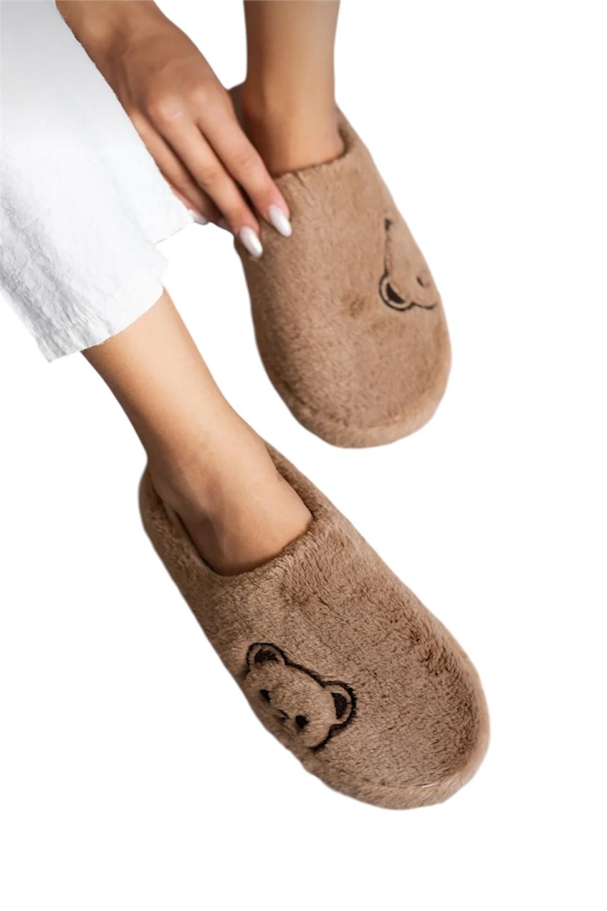 Önü Kapalı Ayıcık Baskılı Peluş Kadın Ev Terliği VİZON - Görsel 3