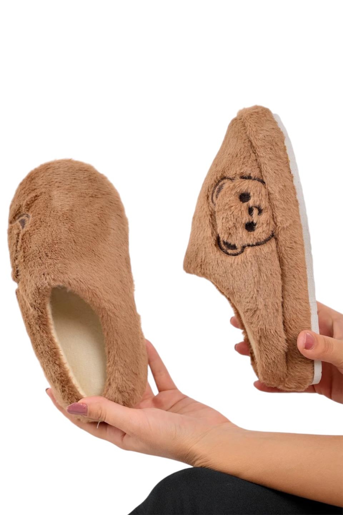 Önü Kapalı Ayıcık Baskılı Peluş Kadın Ev Terliği VİZON - Görsel 4