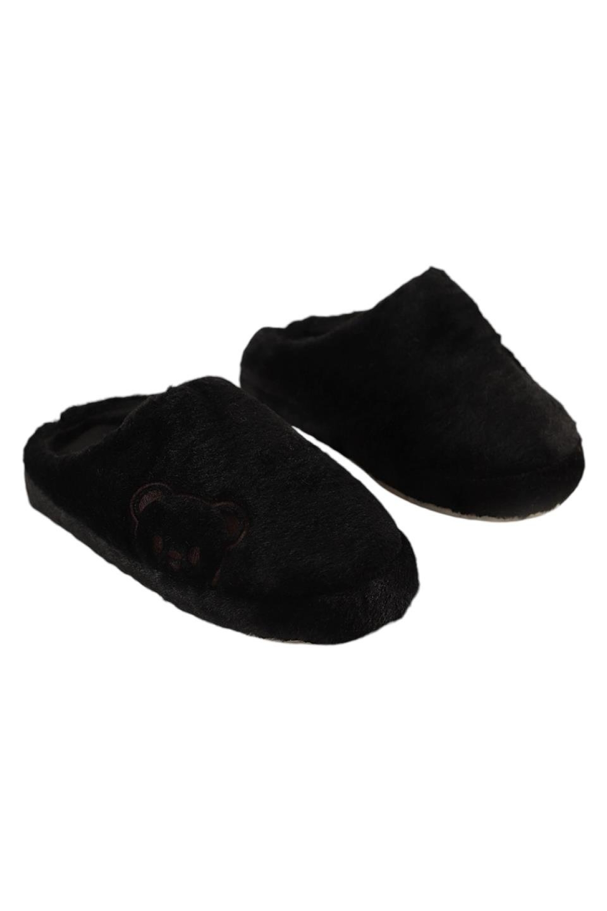 Önü Kapalı Ayıcık Baskılı Peluş Kadın Ev Terliği SİYAH - Görsel 5