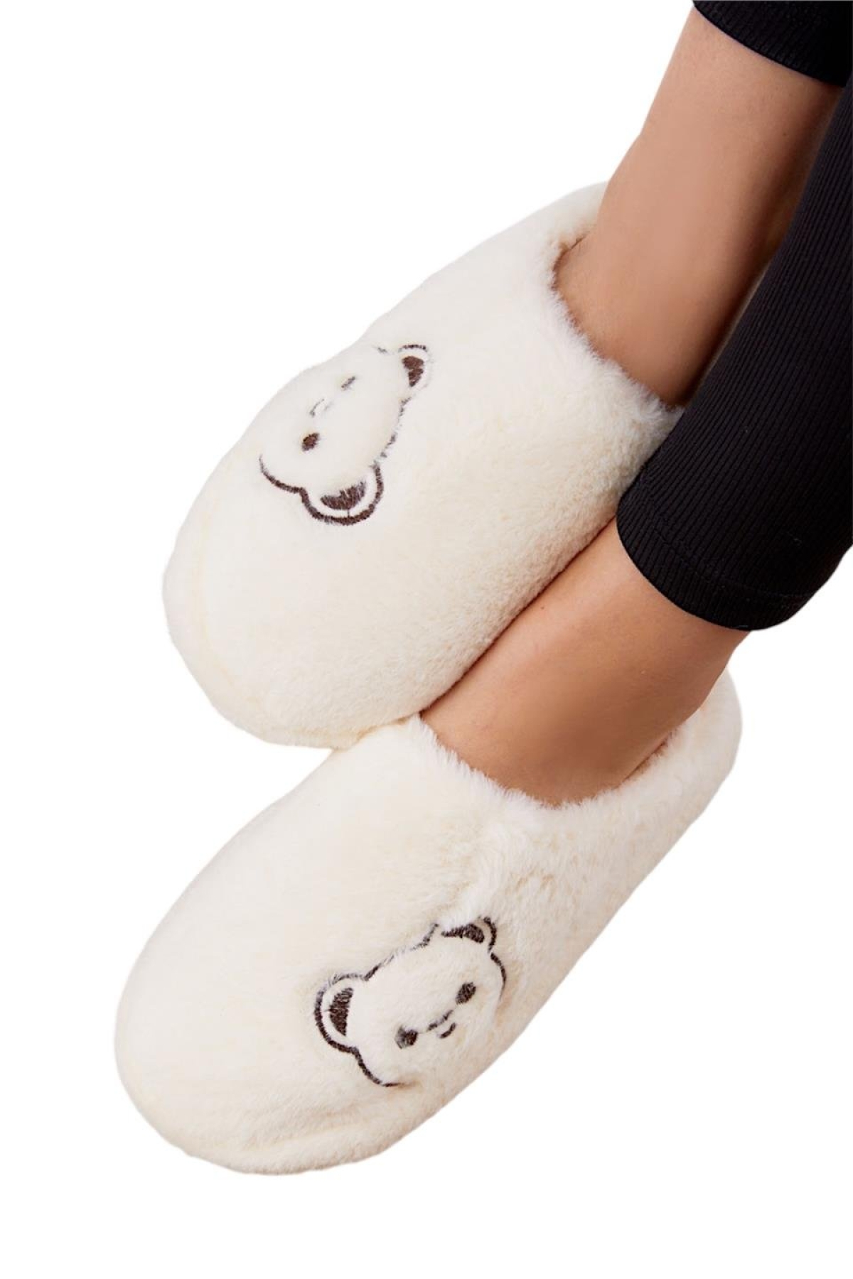 Önü Kapalı Ayıcık Baskılı Peluş Kadın Ev Terliği BEYAZ - Görsel 5