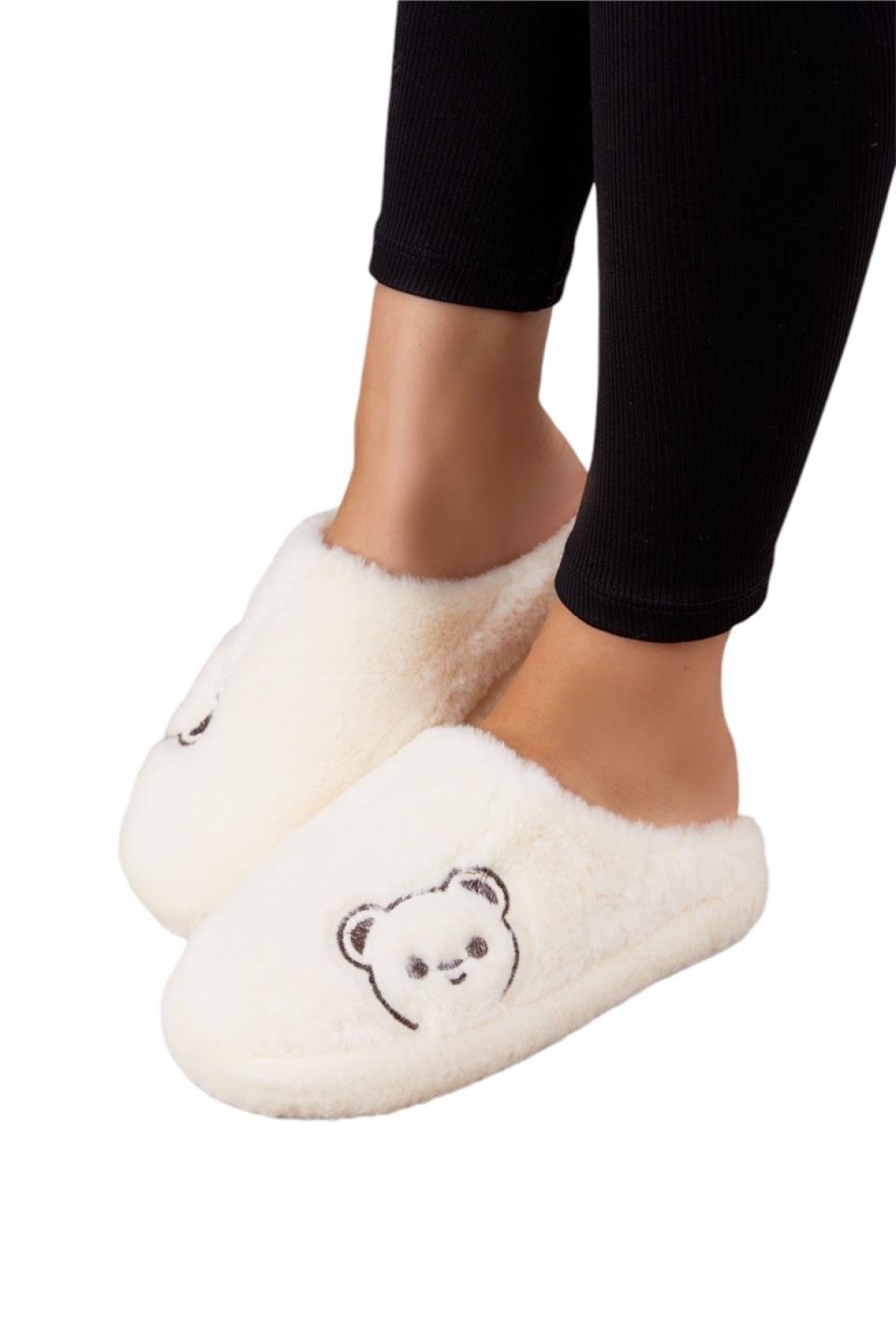 Önü Kapalı Ayıcık Baskılı Peluş Kadın Ev Terliği BEYAZ - Görsel 6