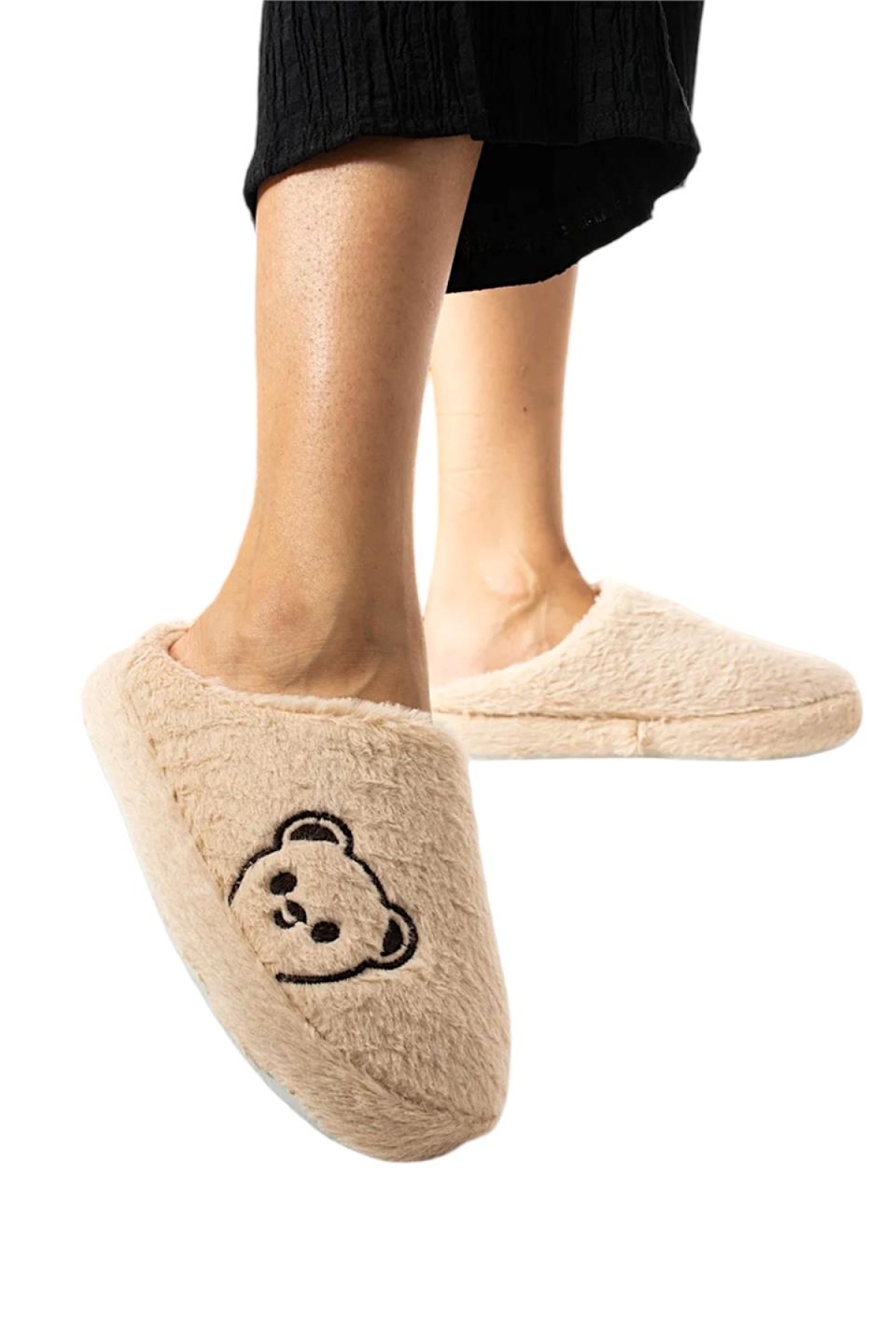 Önü Kapalı Ayıcık Baskılı Peluş Kadın Ev Terliği BEJ - Görsel 3
