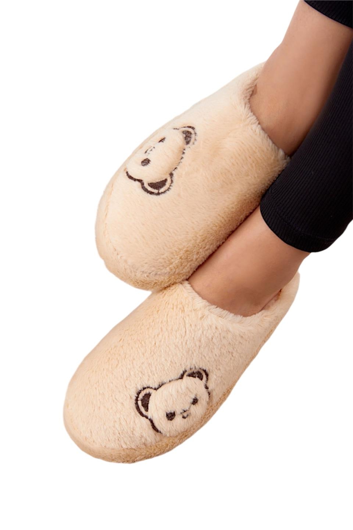 Önü Kapalı Ayıcık Baskılı Peluş Kadın Ev Terliği BEJ - Görsel 4