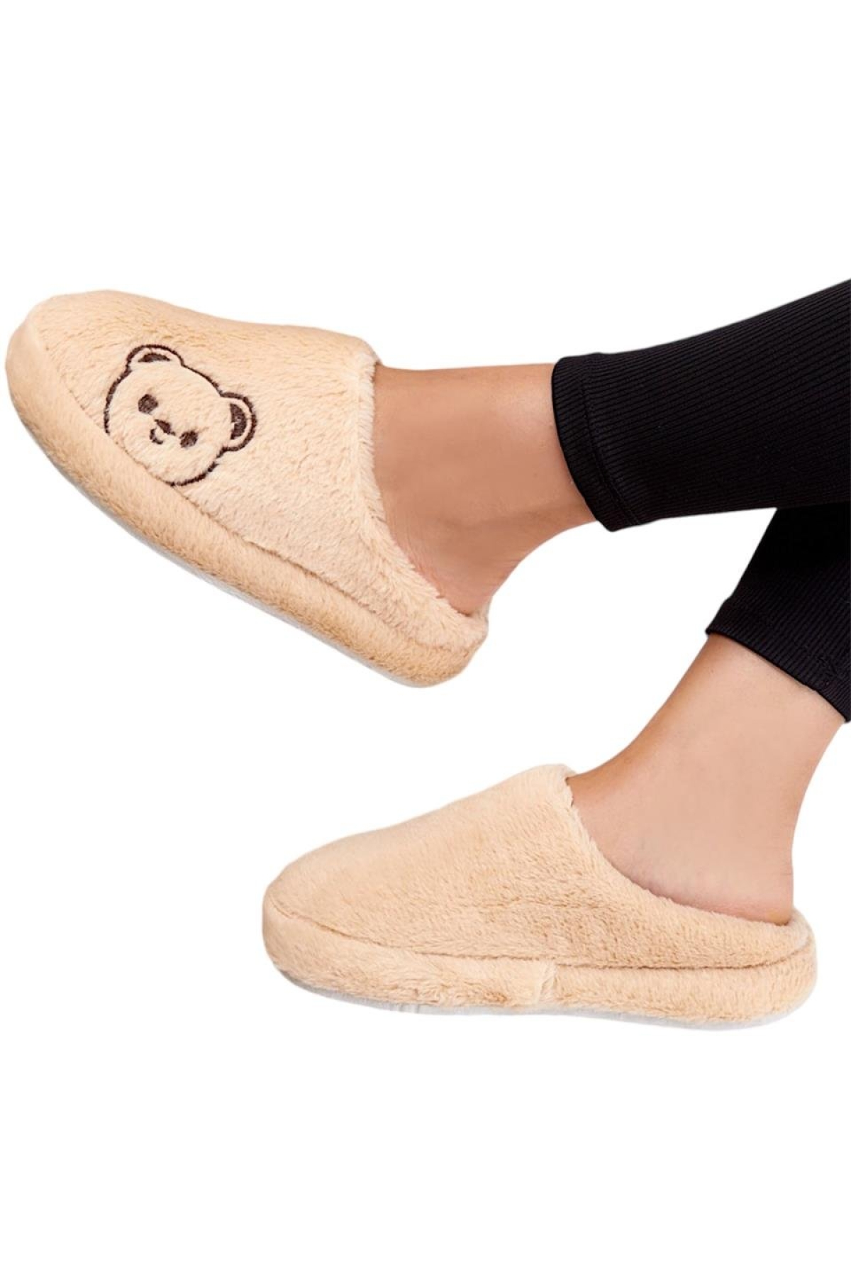 Önü Kapalı Ayıcık Baskılı Peluş Kadın Ev Terliği BEJ - Görsel 5