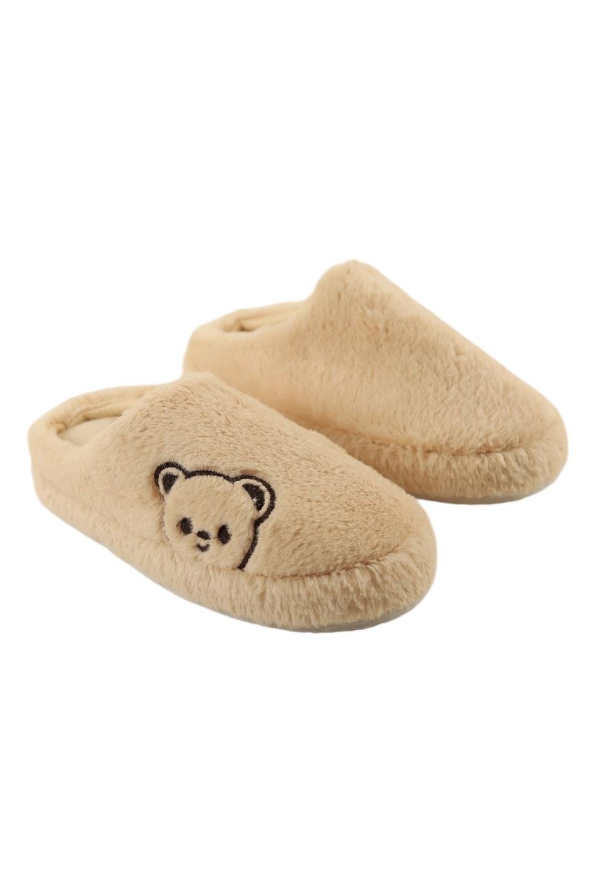 Önü Kapalı Ayıcık Baskılı Peluş Kadın Ev Terliği BEJ - Görsel 6