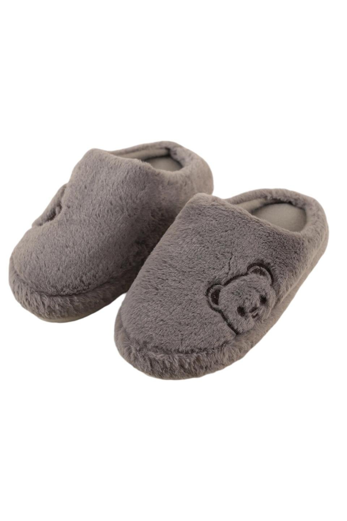 Önü Kapalı Ayıcık Baskılı Peluş Kadın Ev Terliği GRİ - Görsel 6