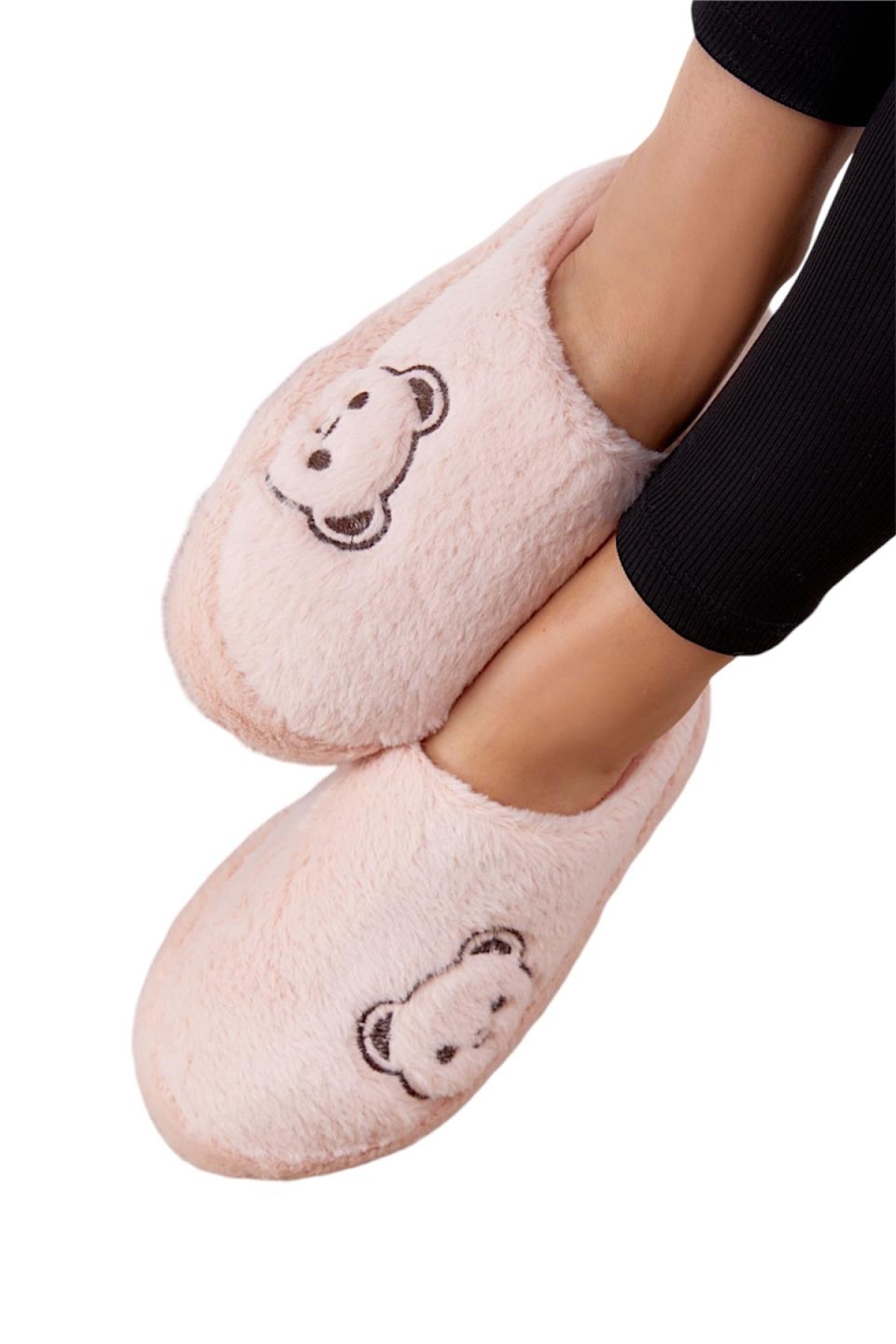 Önü Kapalı Ayıcık Baskılı Peluş Kadın Ev Terliği PUDRA - Görsel 4