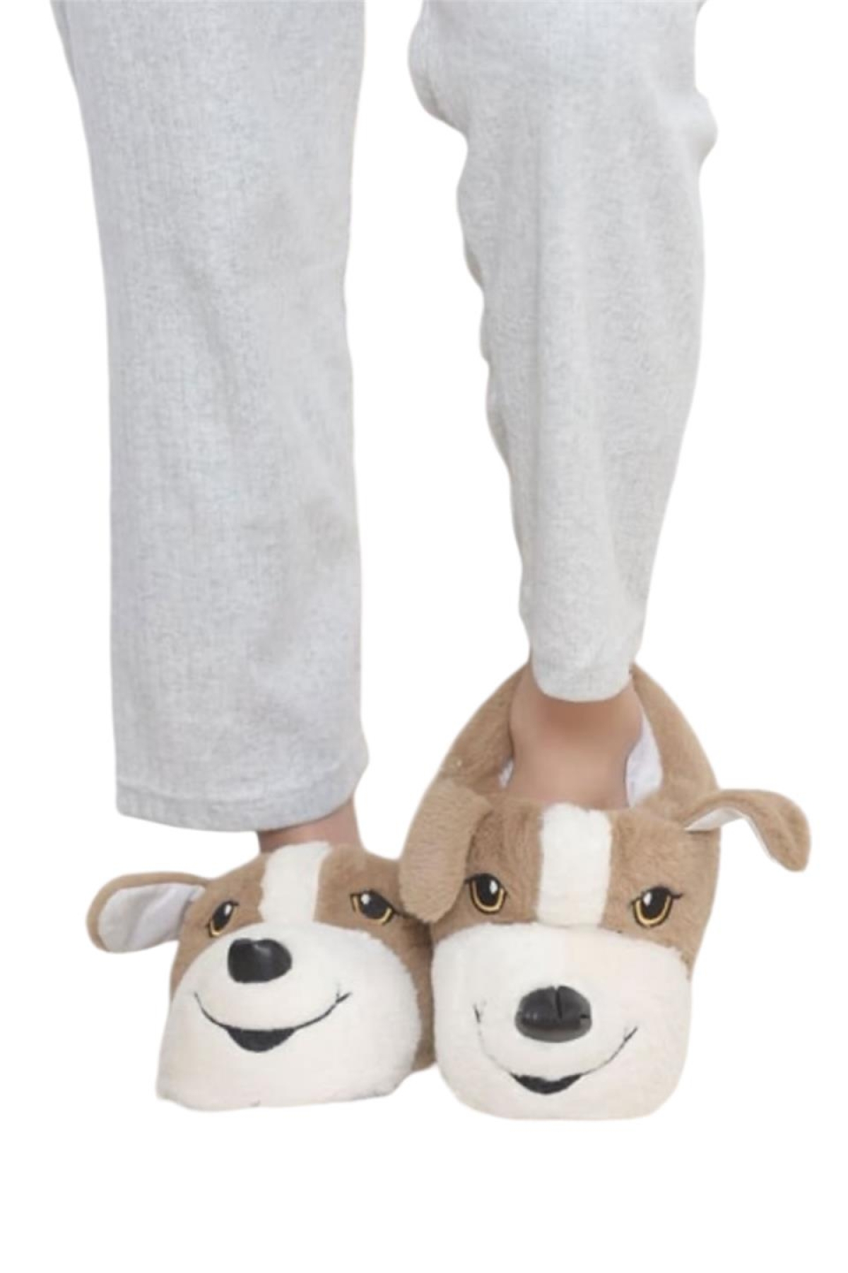 Unisex Sevimli Köpek Figürlü Kaymaz ve Ses Yapmaz Taban Ev Panduf BEJ - Görsel 2