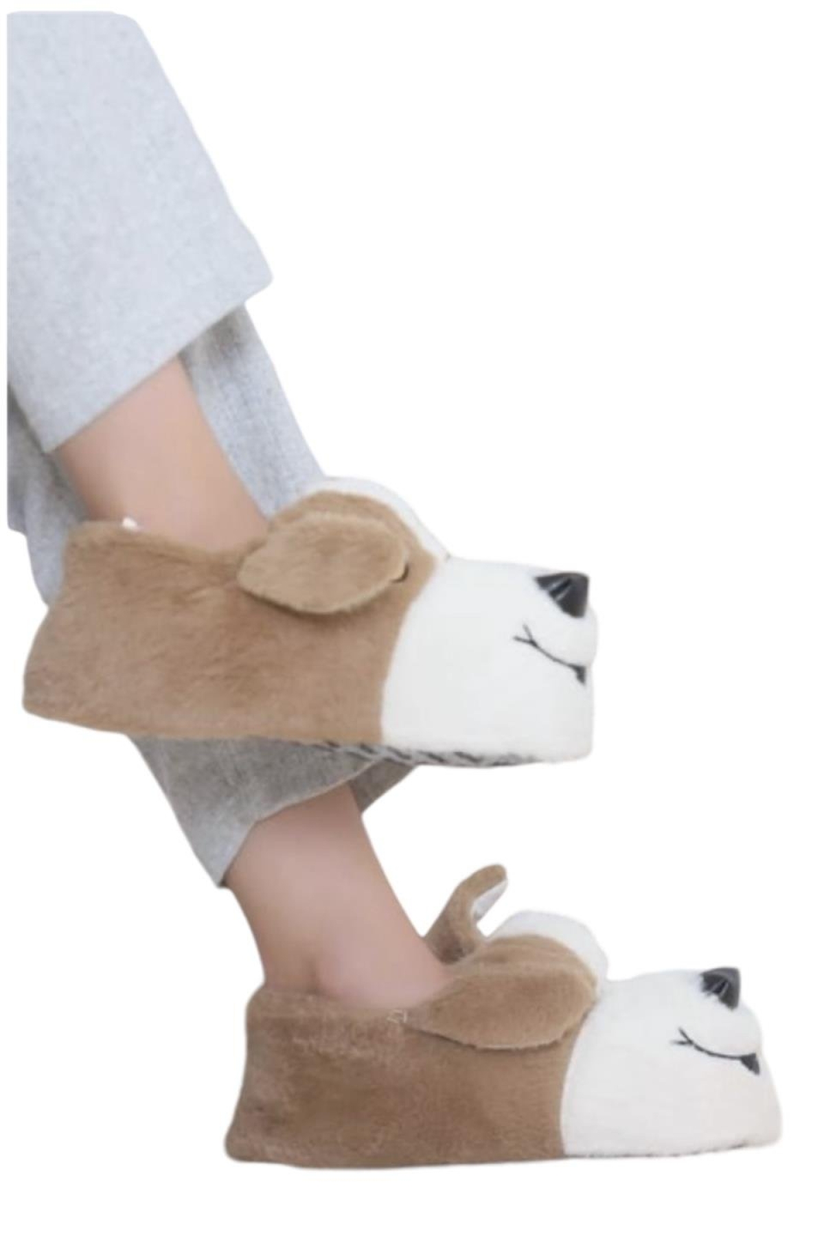 Unisex Sevimli Köpek Figürlü Kaymaz ve Ses Yapmaz Taban Ev Panduf BEJ - Görsel 3