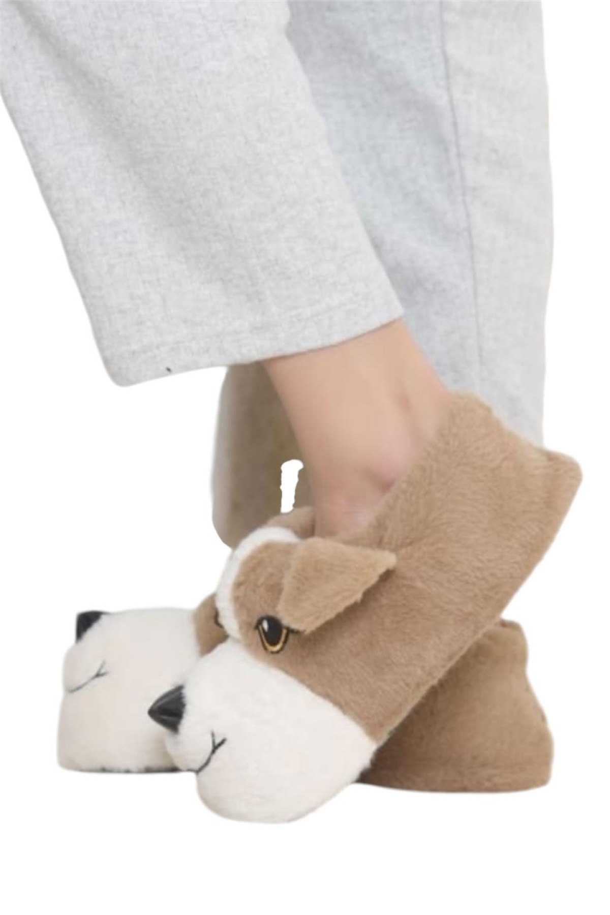 Unisex Sevimli Köpek Figürlü Kaymaz ve Ses Yapmaz Taban Ev Panduf BEJ - Görsel 4