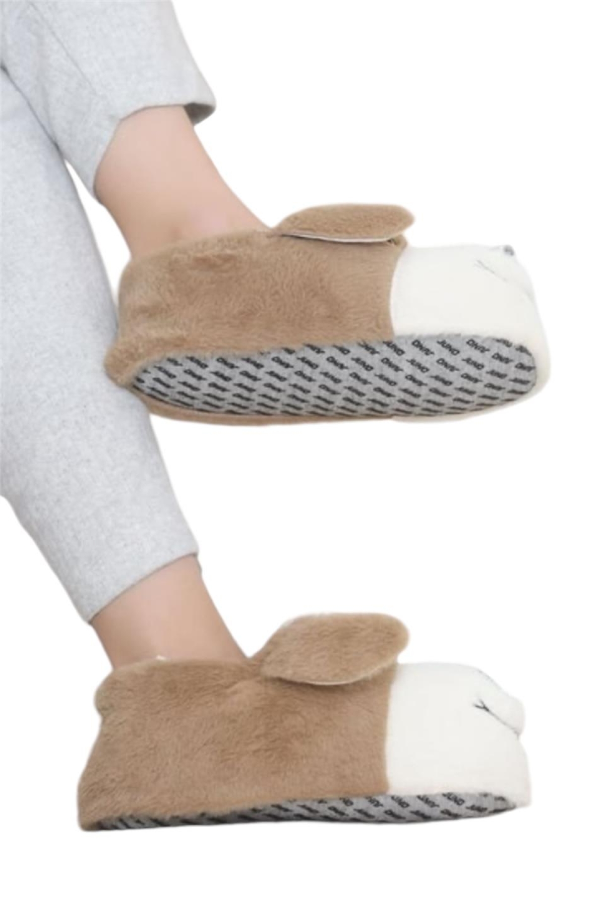 Unisex Sevimli Köpek Figürlü Kaymaz ve Ses Yapmaz Taban Ev Panduf BEJ - Görsel 5