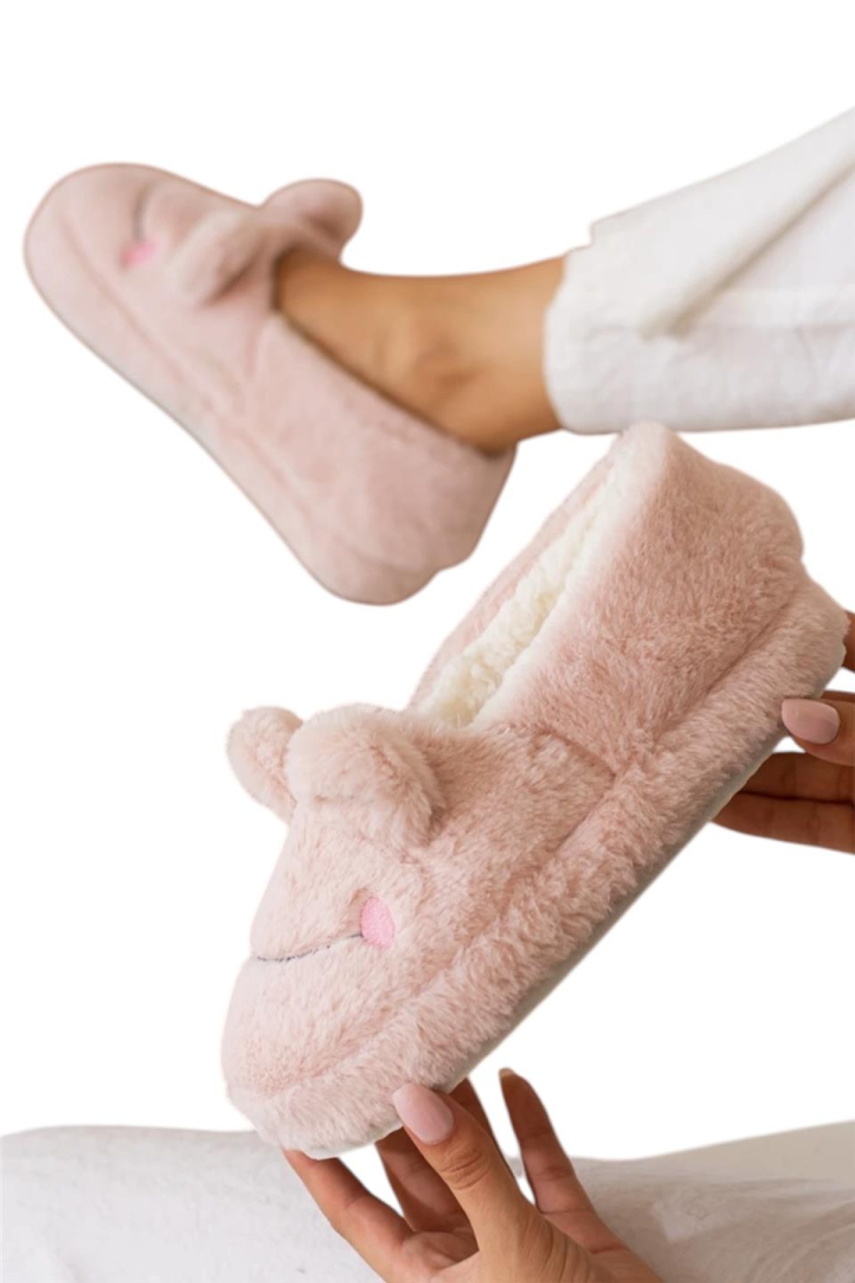 Kışlık Kadın Panduf Ev Ayakkabısı | Kurbağa Figürlü | Kaydırmaz Taban PUDRA - Görsel 3