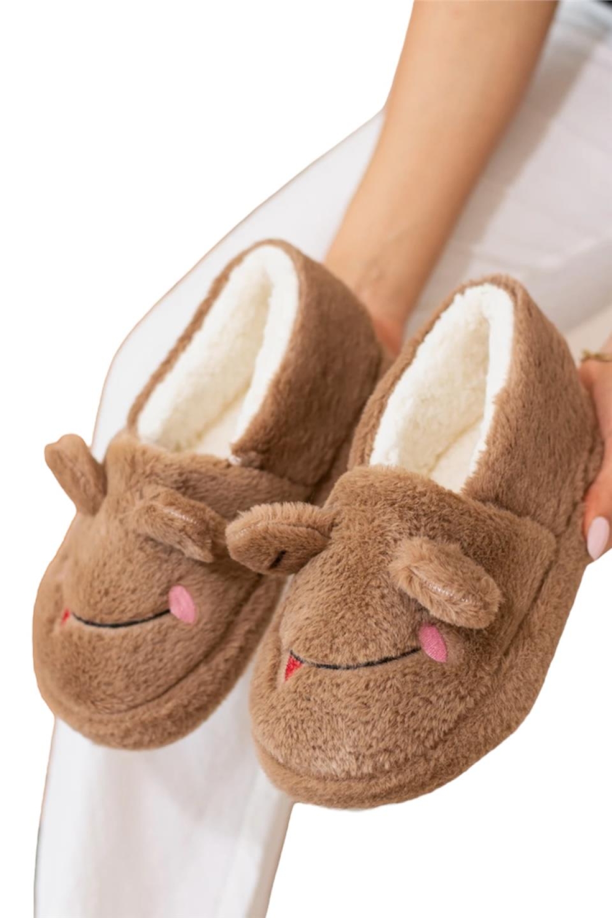 Kışlık Kadın Panduf Ev Ayakkabısı | Kurbağa Figürlü | Kaydırmaz Taban VİZON - Görsel 2