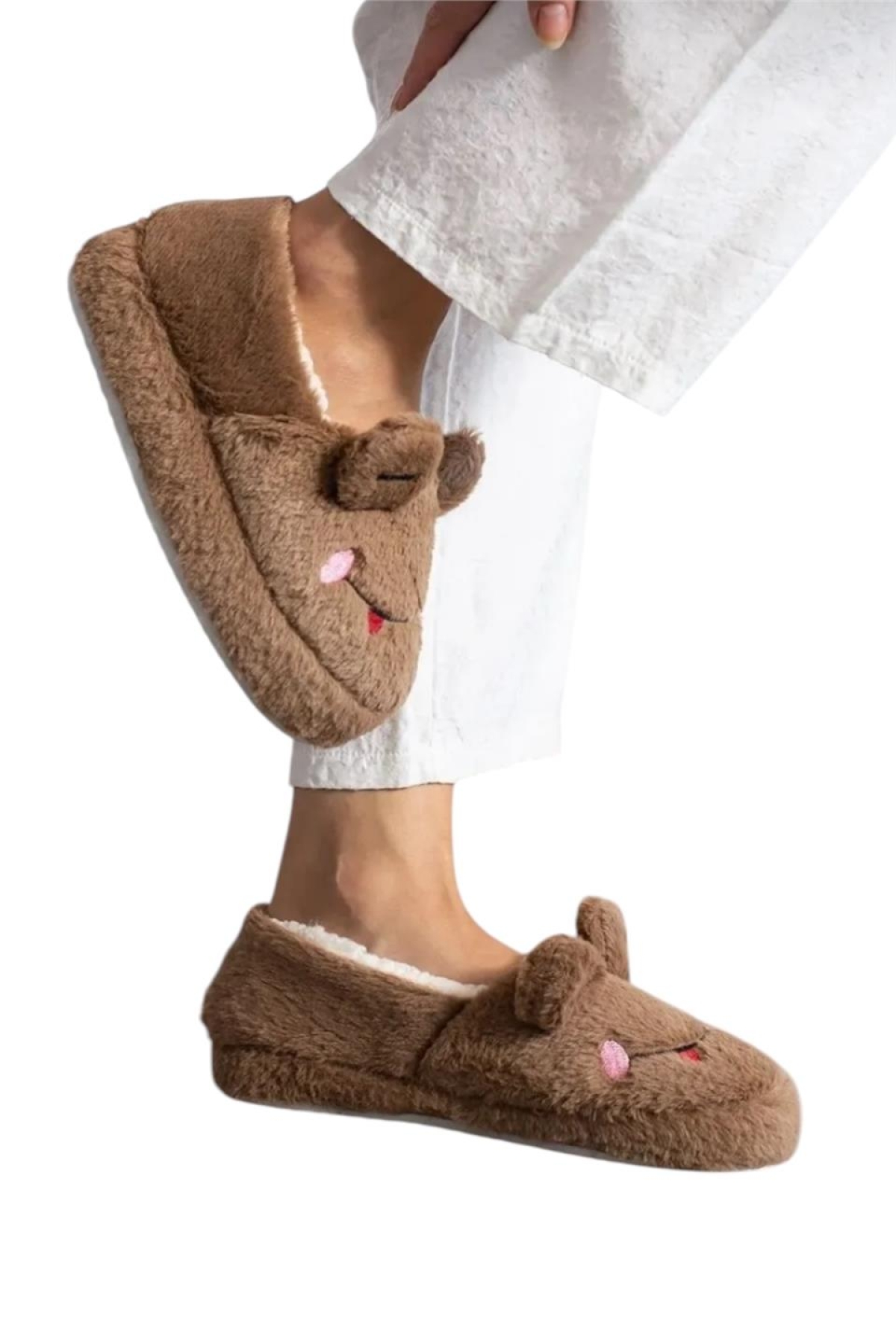 Kışlık Kadın Panduf Ev Ayakkabısı | Kurbağa Figürlü | Kaydırmaz Taban VİZON - Görsel 5
