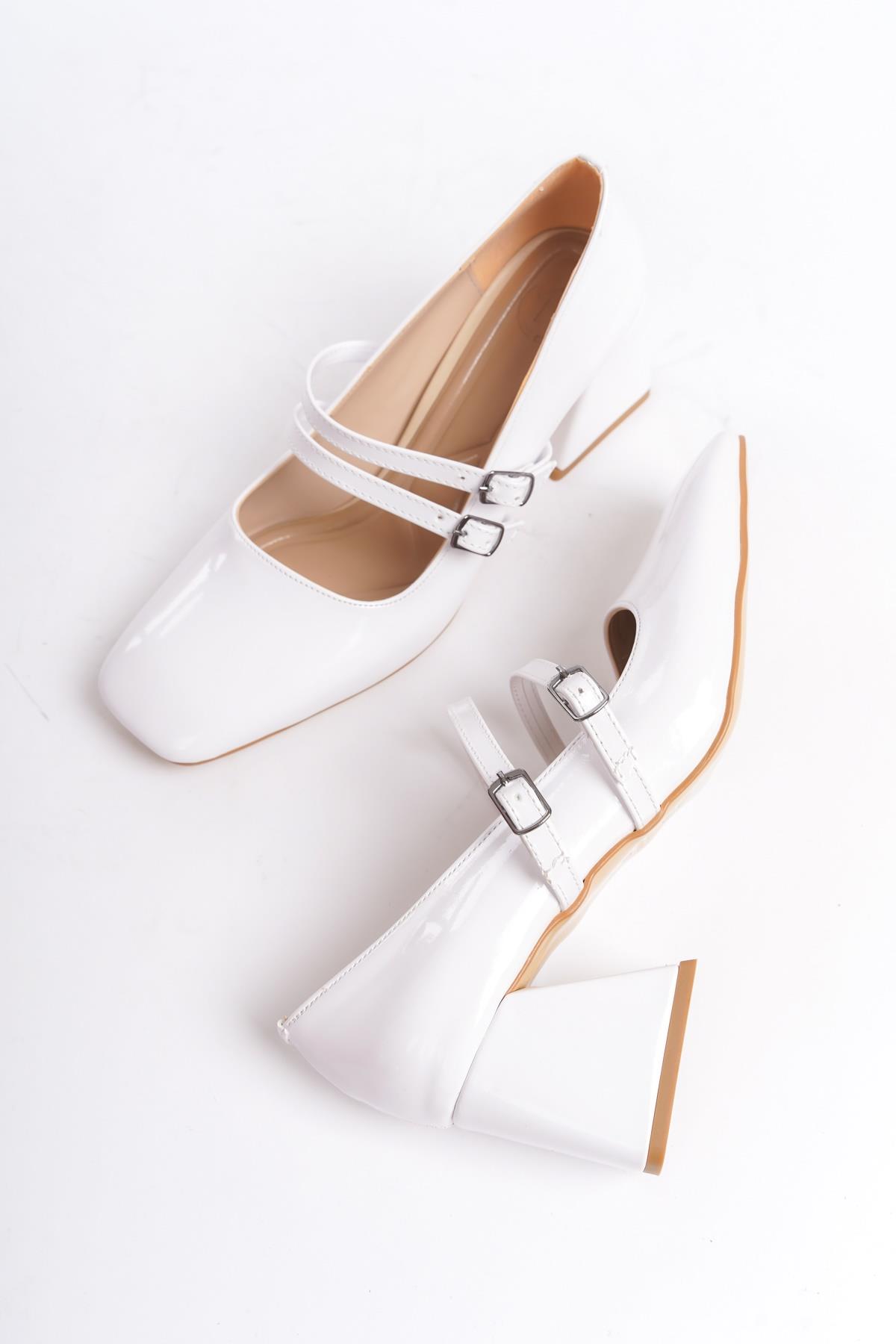 Culia Beyaz Rugan Mary Jane Çift Bant Küt Burun Topuklu Ayakkabı - Görsel 3