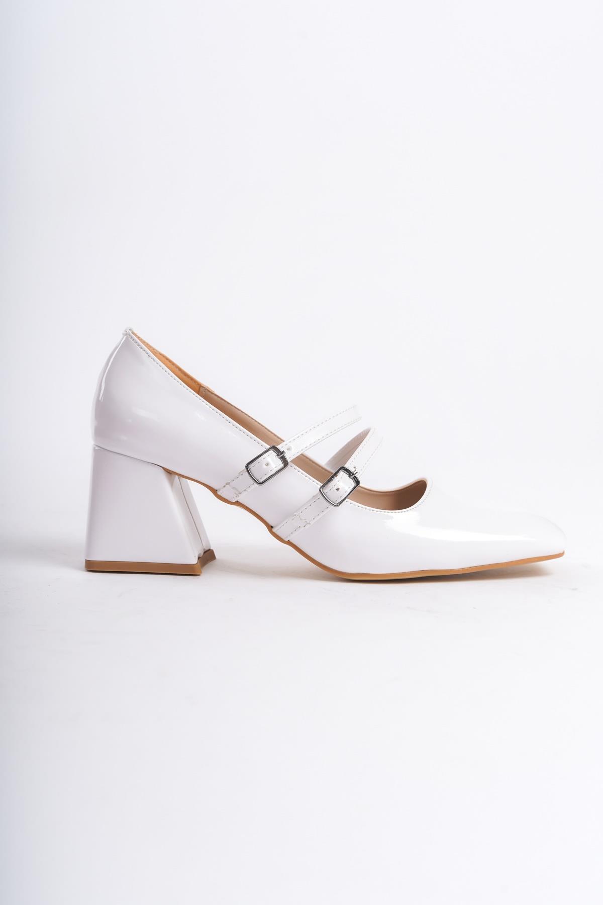 Culia Beyaz Rugan Mary Jane Çift Bant Küt Burun Topuklu Ayakkabı - Görsel 5