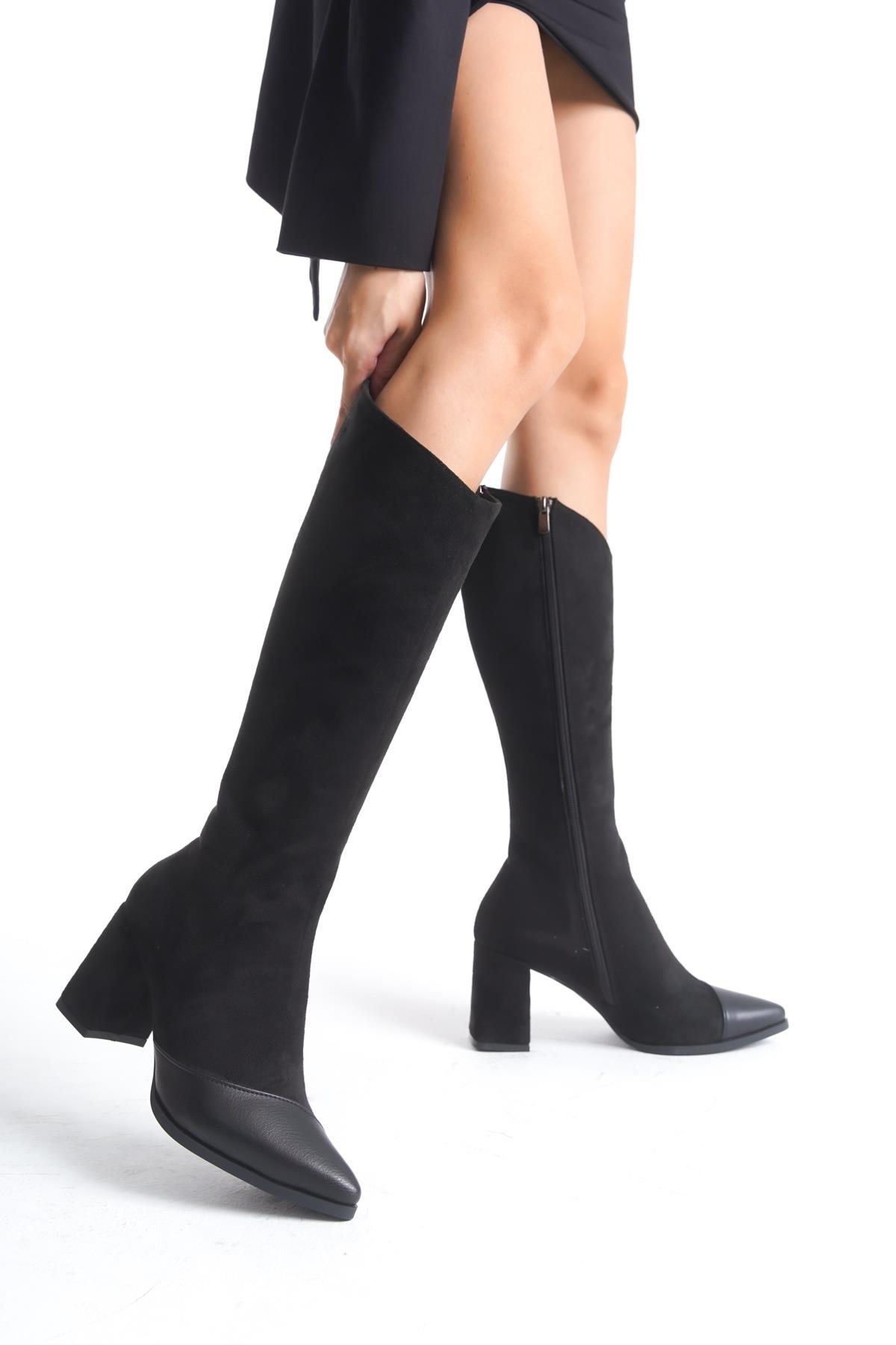 Across Siyah Süet Kalın Topuklu Sivri Burun Çizme - Görsel 2