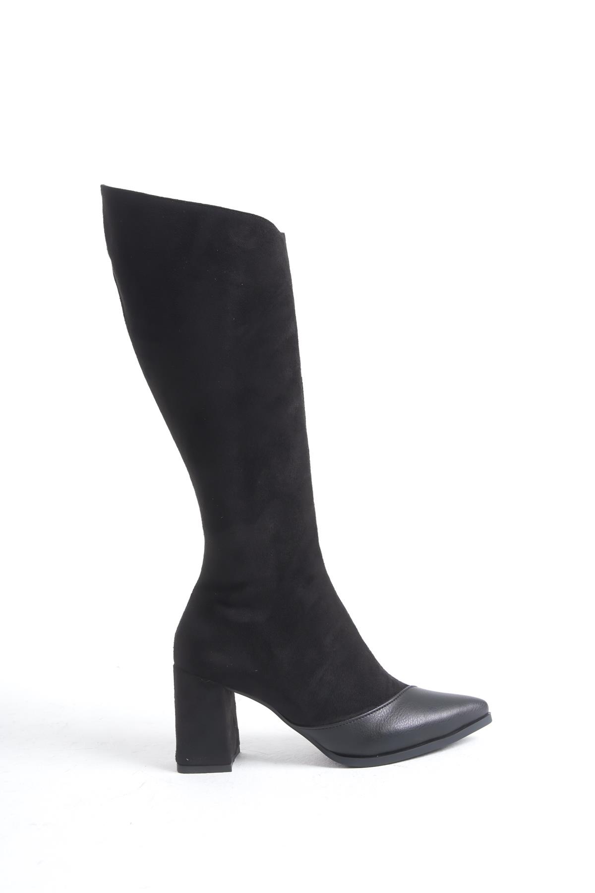 Across Siyah Süet Kalın Topuklu Sivri Burun Çizme - Görsel 3