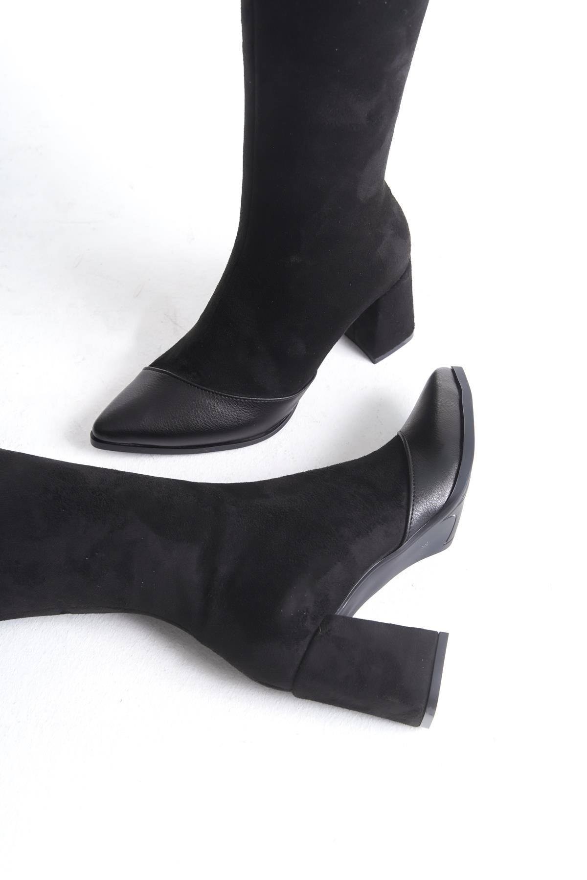 Across Siyah Süet Kalın Topuklu Sivri Burun Çizme - Görsel 5
