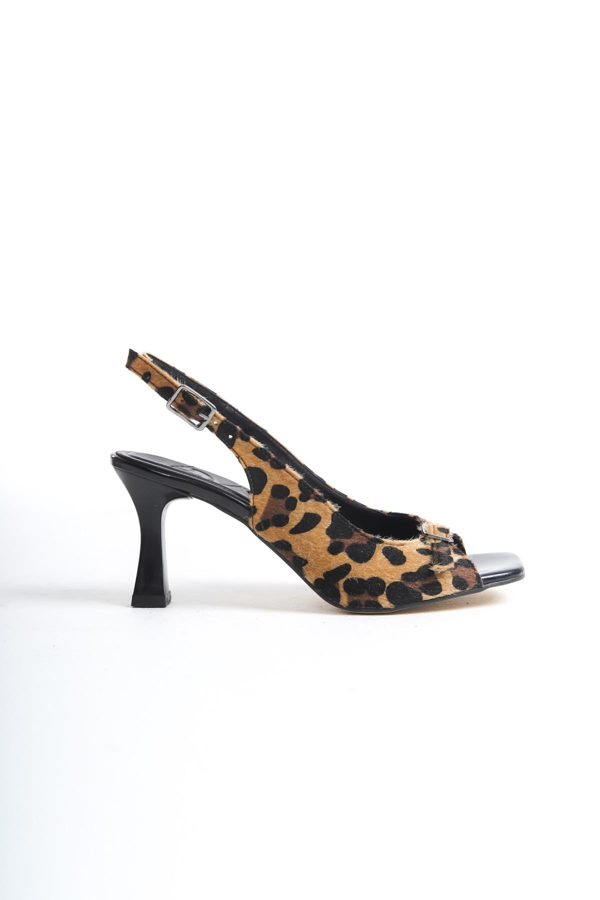 Seashell Leopar Arkası Açık Topuklu Sandalet Tokalı Kadın Ayakkabı - Görsel 5