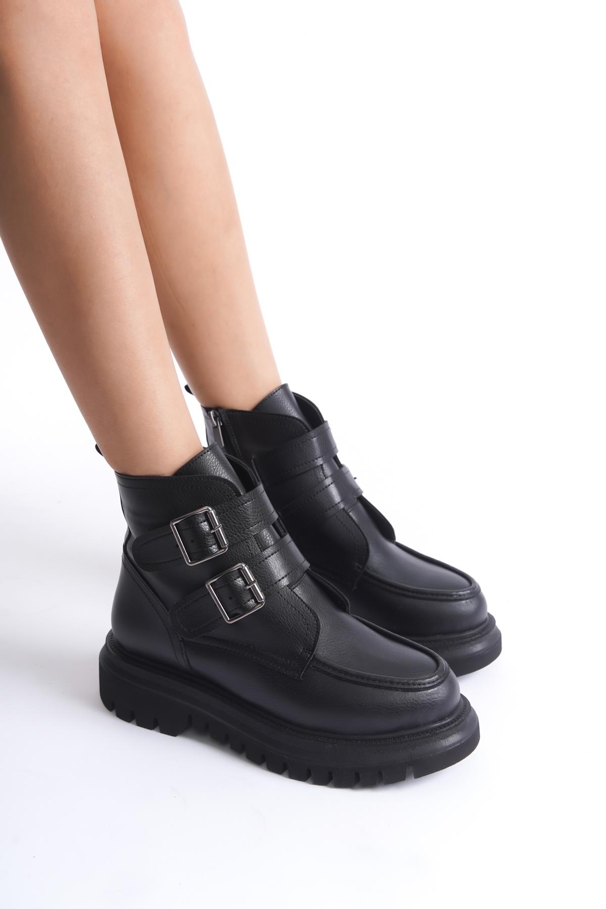 Mohac Siyah Kalın Taban Kışlık Sıcak Tokalı Fermuarlı Günlük Bot - Görsel 4