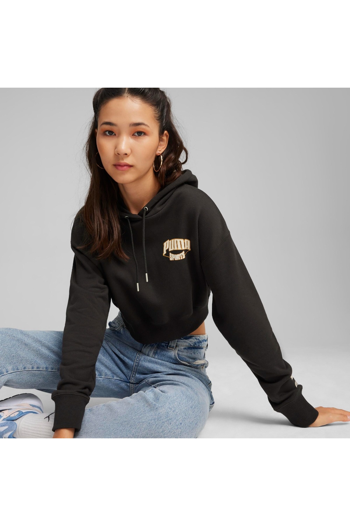 Team Cropped Kadın Siyah Kapüşonlu Sweatshirt