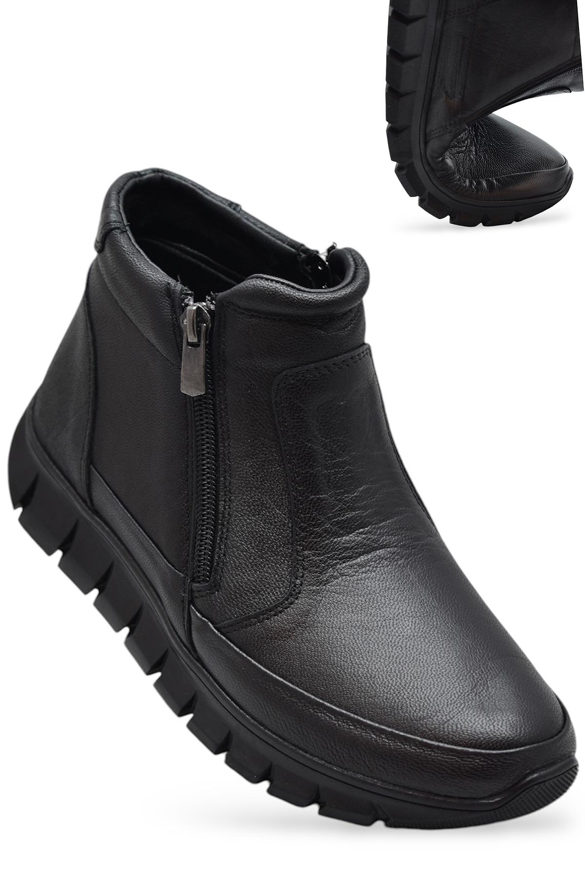 3707 Tam Ortopedik Siyah Hakiki Deri Kadın Bot Ayakkabı Çift Fermuarlı Anne Bot - Görsel 2