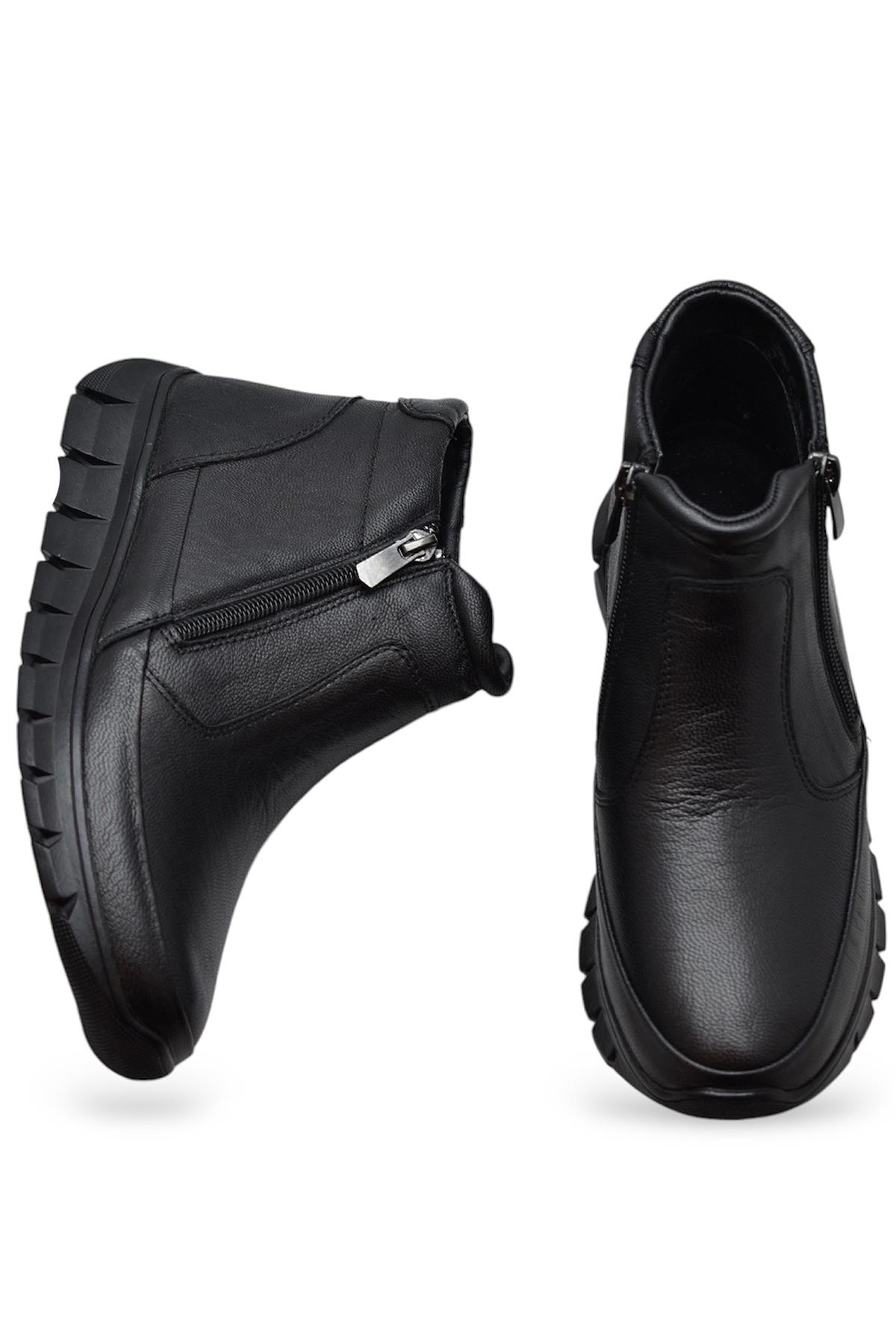 3707 Tam Ortopedik Siyah Hakiki Deri Kadın Bot Ayakkabı Çift Fermuarlı Anne Bot - Görsel 5
