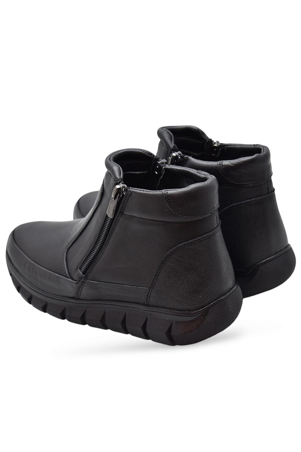 3707 Tam Ortopedik Siyah Hakiki Deri Kadın Bot Ayakkabı Çift Fermuarlı Anne Bot - Görsel 6