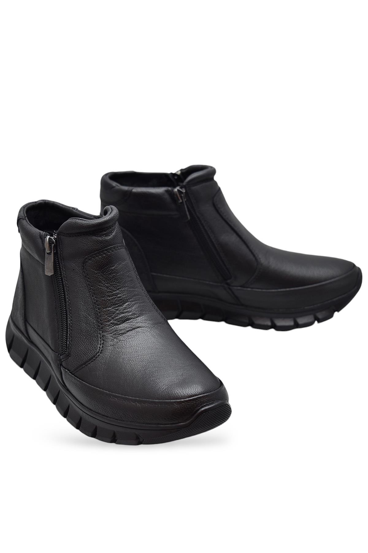 3707 Tam Ortopedik Siyah Hakiki Deri Kadın Bot Ayakkabı Çift Fermuarlı Anne Bot - Görsel 7